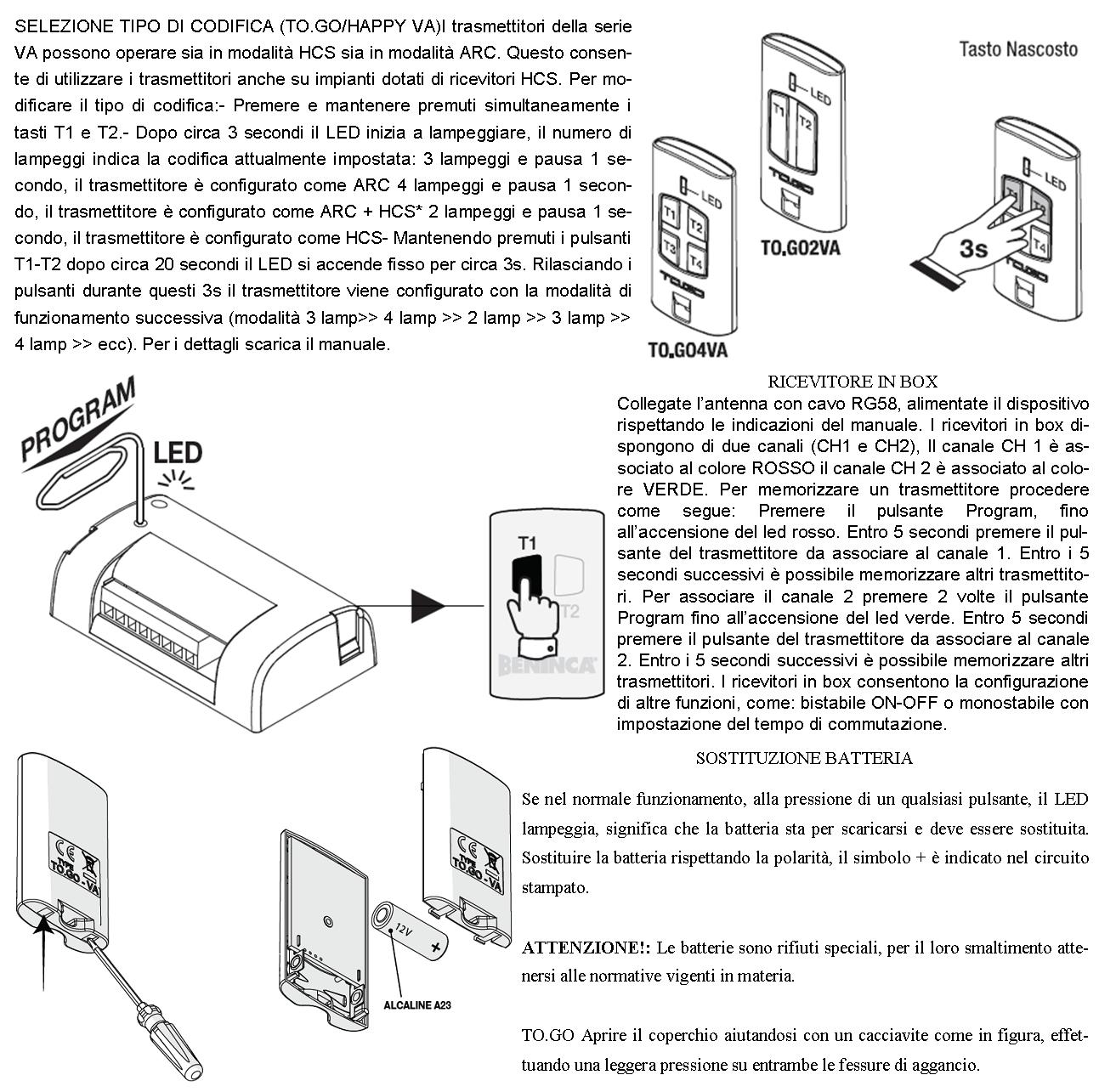 Radiocomandi Trasmettitore 2 Canali Freq. 433,92 MHz Portata 60/100 MT 2 Pezzi TO.GO Codice Advanced Rolling Code 128 Bit Batteria 12V 23A Contenitore - 3