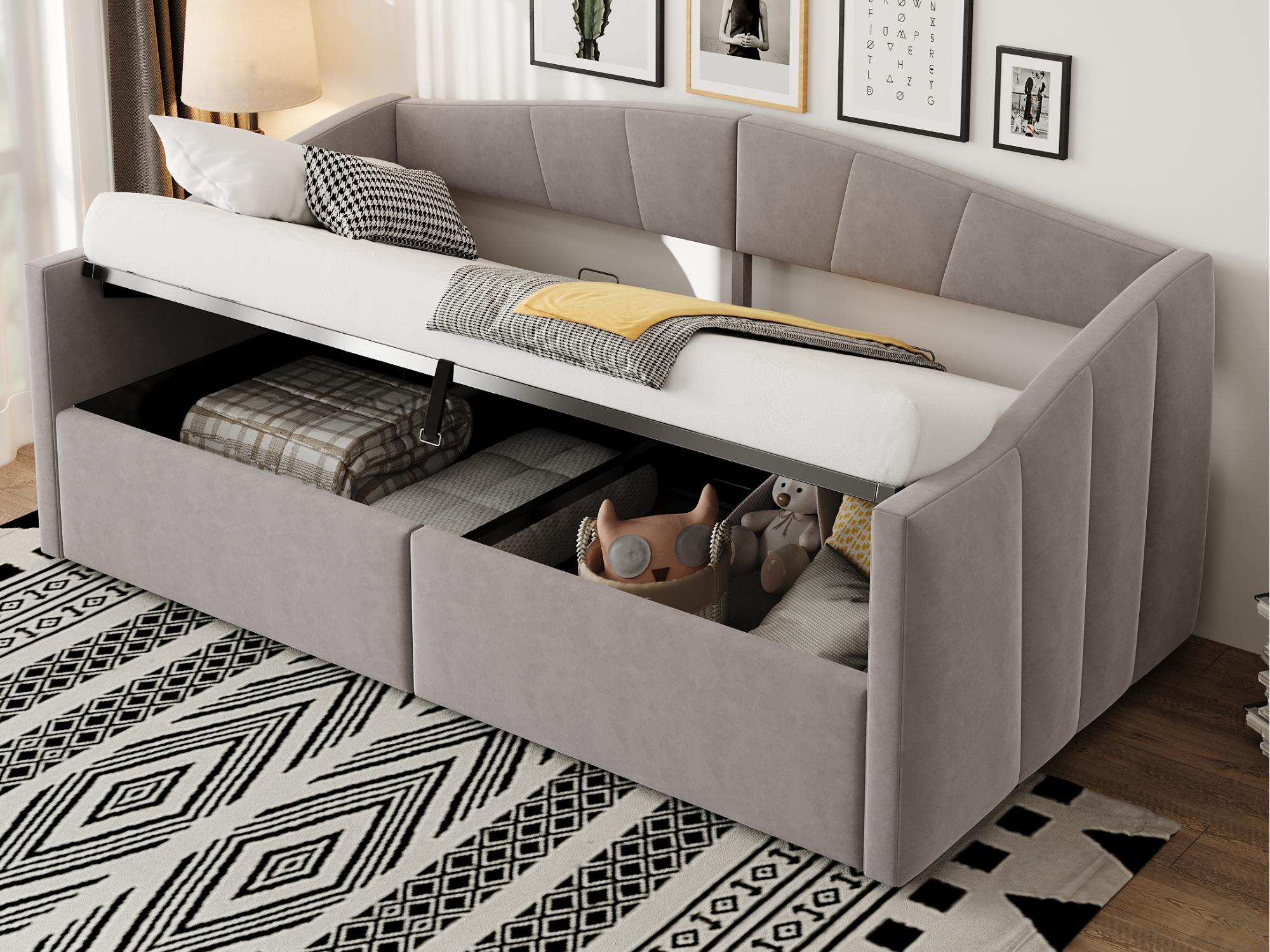 Rozkładana sofa z pojemnikiem 90x200cm - stelaż lamelowy - tkanina welurowa - jasnoszary (materac nie jest wliczony w cenę)