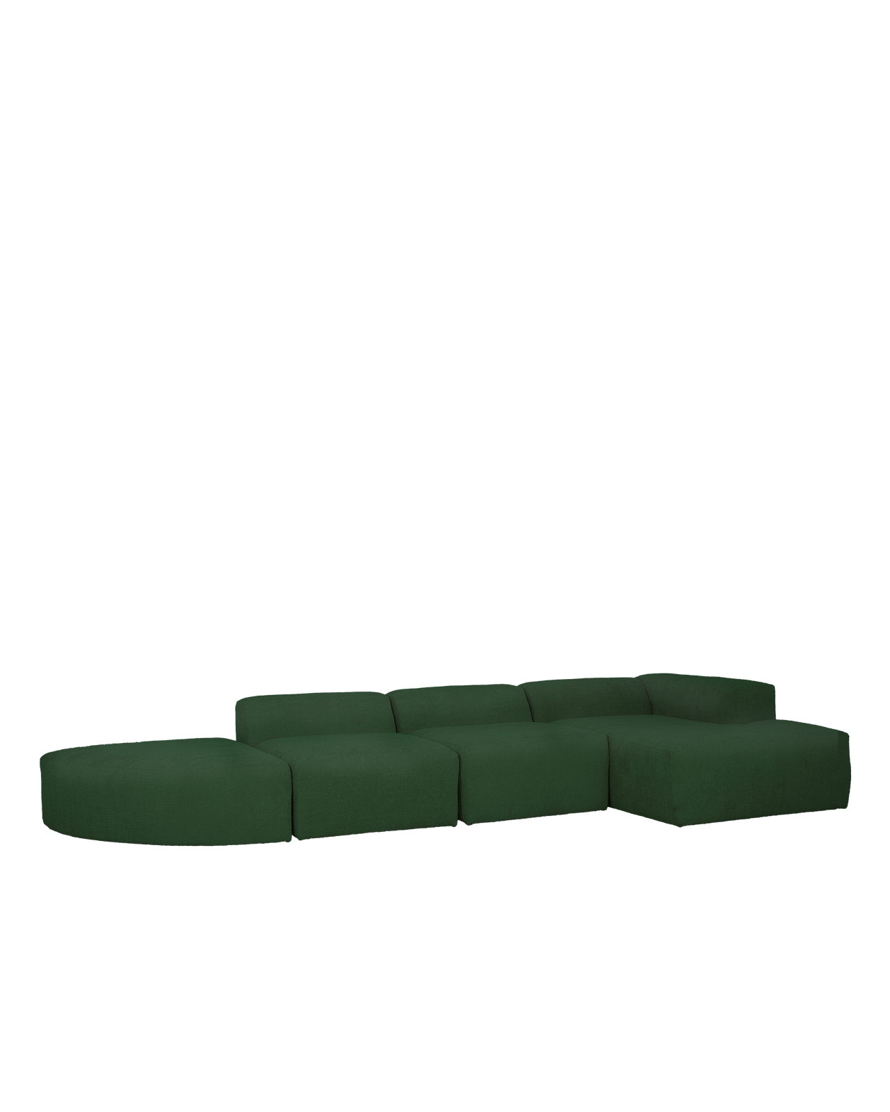 Sofá de 4 módulos curvo con chaise longue derecho bouclé verde 410x70x172cm