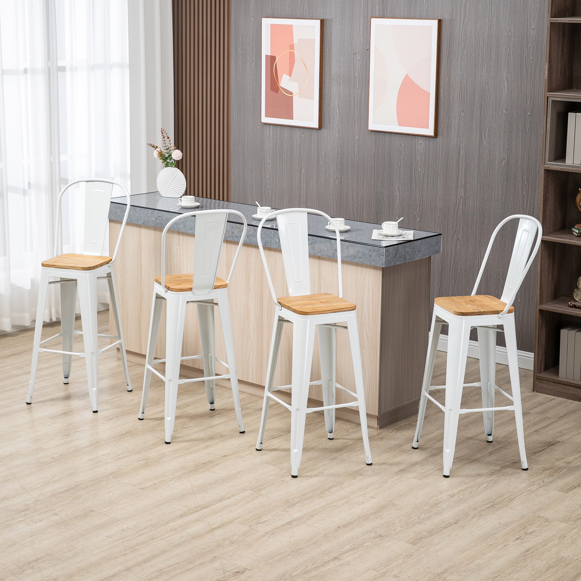 HOMCOM Juego de 4 Taburetes Altos de Cocina Apilables con Respaldo Alto Taburetes de Bar con Reposapiés Asiento de Madera y Marco de Acero - 2
