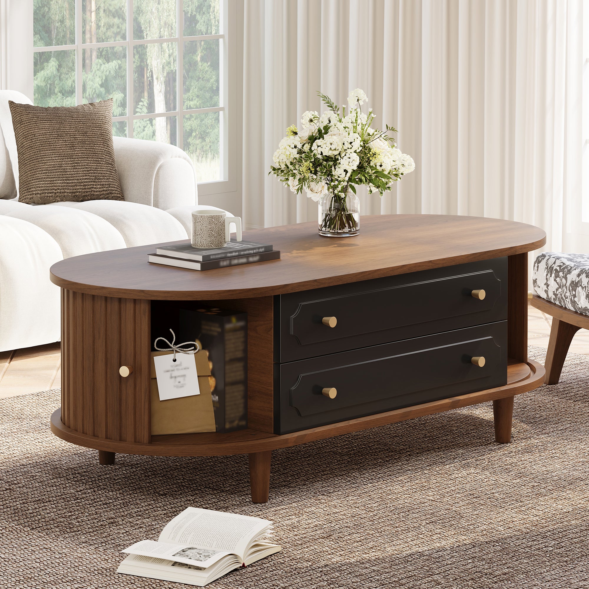 Modernluxe  Mesa De Centro 100X50x36 Cm, Con 2 Cajones Y 2 Puertas Correderas, + Marrón/Negro , Leroy Merlin