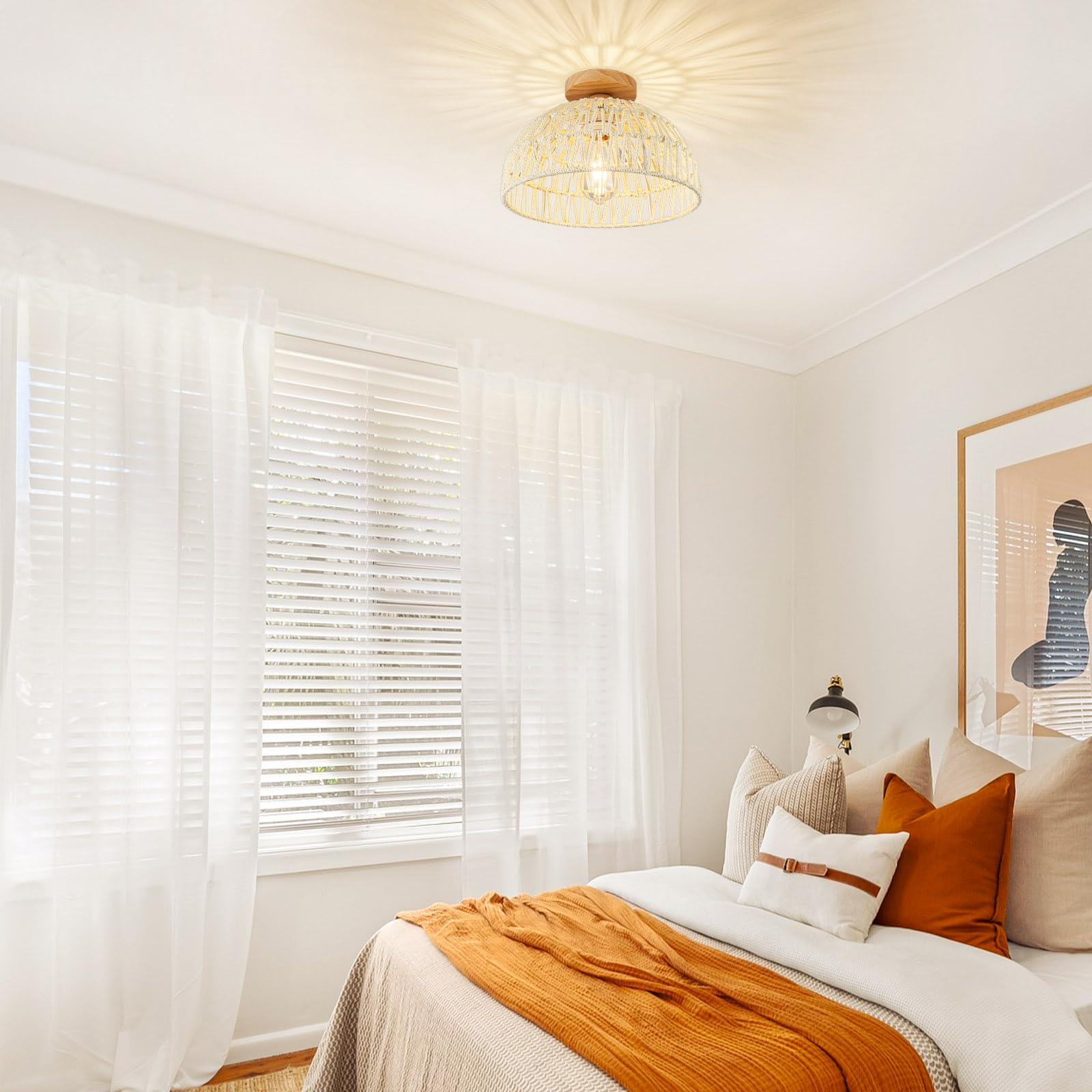 Lampa sufitowa z rattanu, żyrandol w stylu boho, ręcznie tkana lampa wisząca, żyrandol w stylu wabi-sabi do domu na wsi, sypialni, przedpokoju, holu - 8