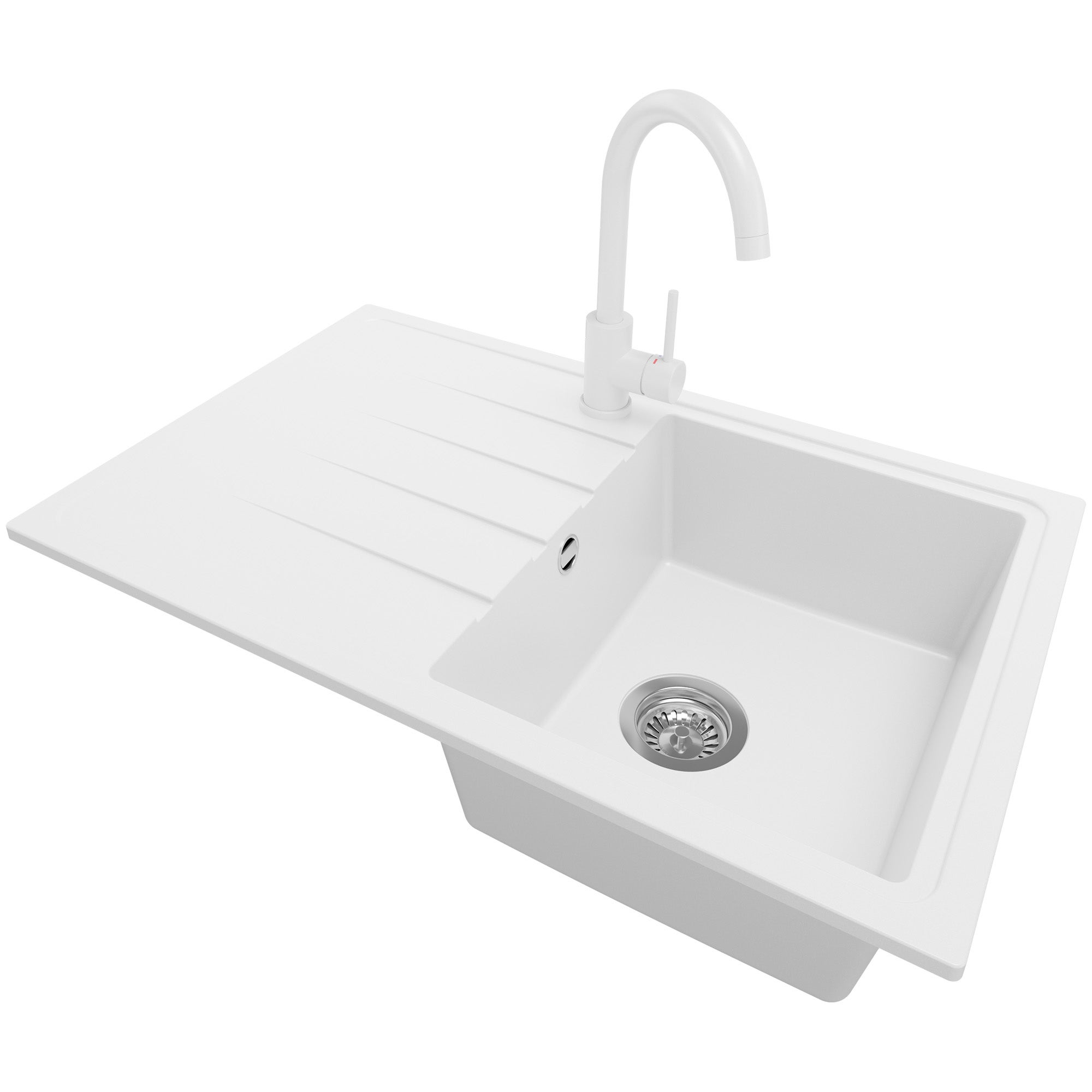 Zlewozmywak Granitowy Biały 78x50cm, Zlew Kuchenny 1 Komorowy + Bateria 32x20cm + Syfon, Nablatowy do szafki od 45cm - Mediolan PRIMAGRAN