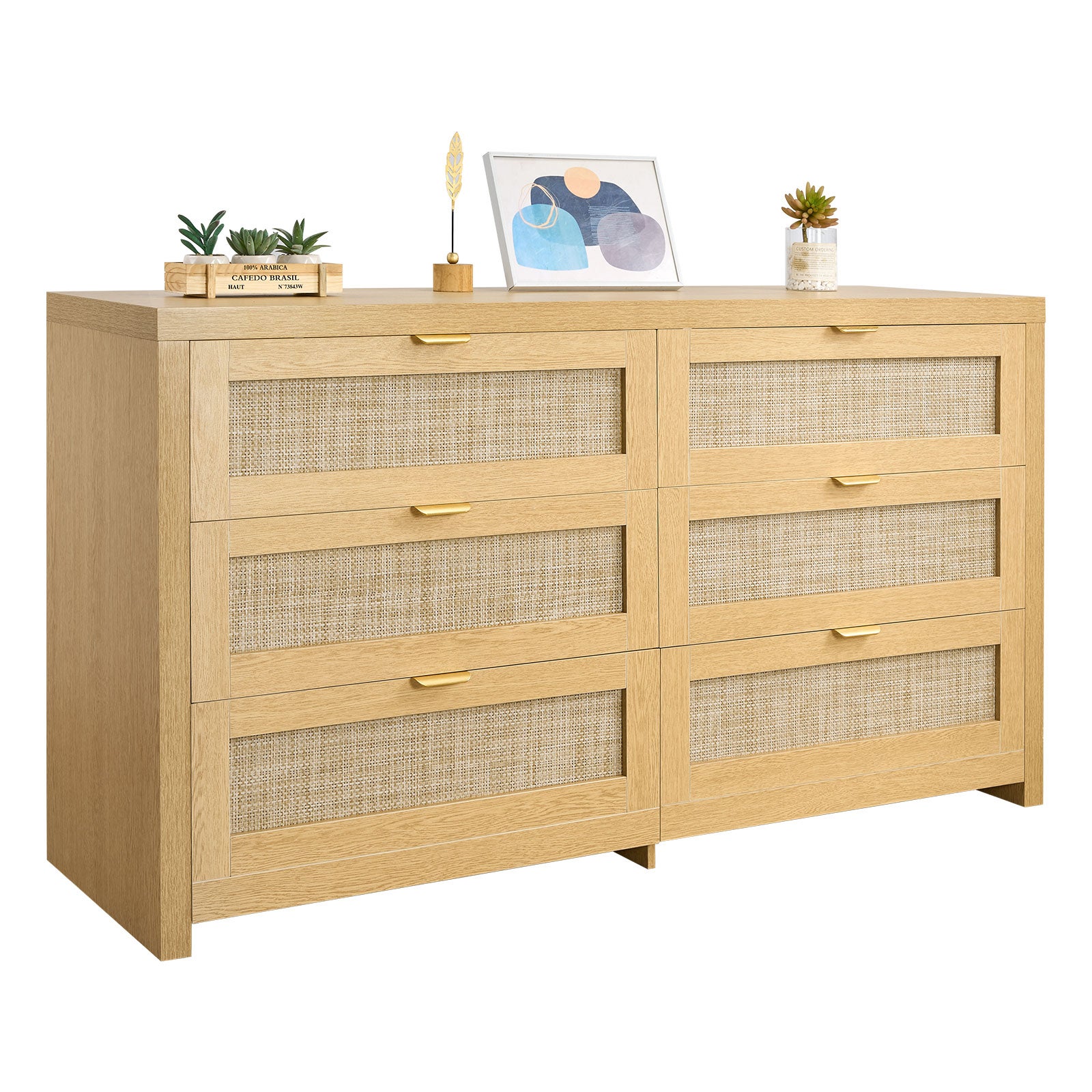 Komoda rattanowa boho z 6 szufladami 144,5x45x79,5 cm naturalne drewno pojemna szafka do sypialni salonu i korytarza