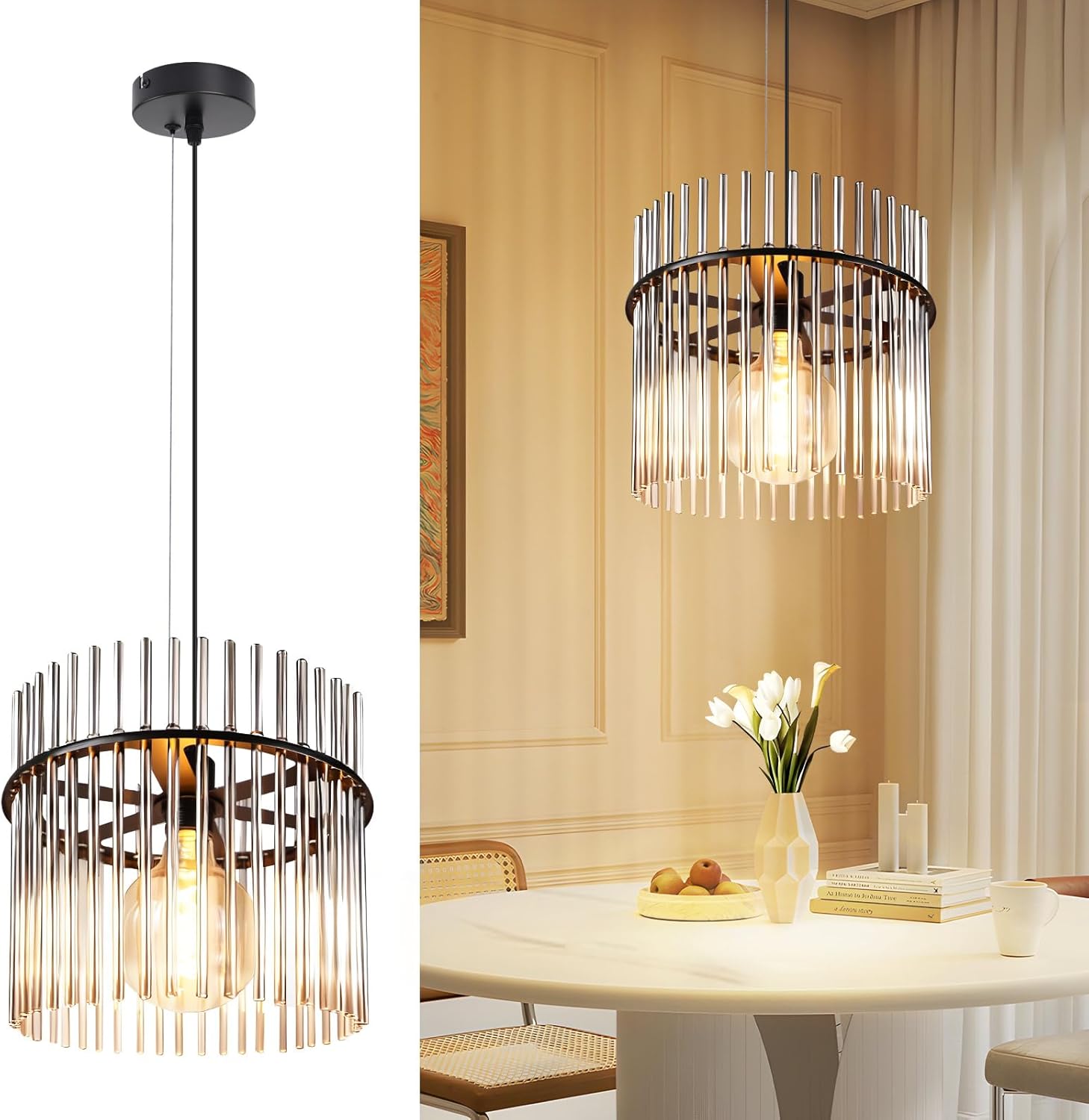 Lampa wisząca Nettlife Black Retro, szklana lampa wisząca z gniazdem E27, 1-płomienna, Ø 30 cm, do stołu jadalnego lub kuchni (bez żarówki).