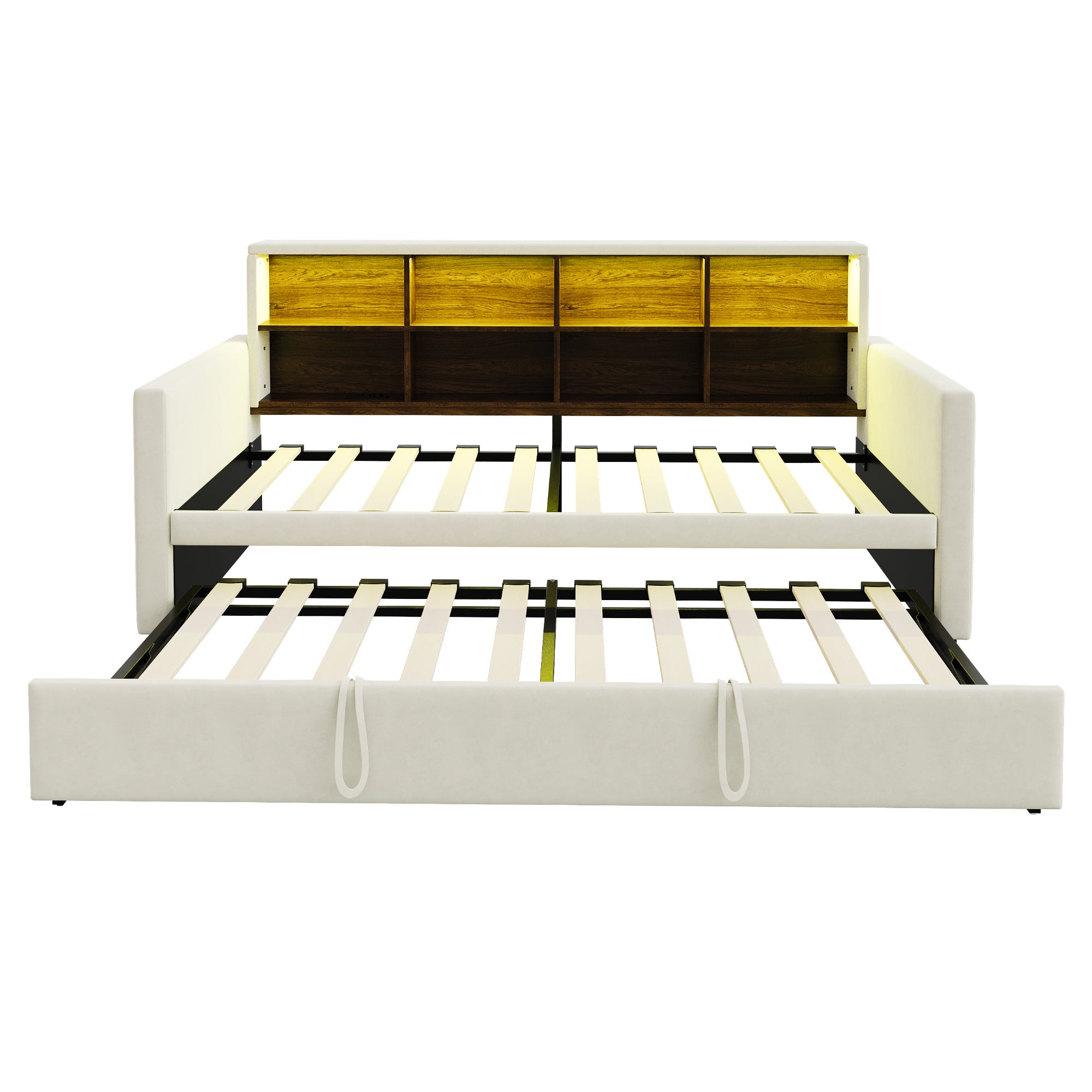 Rozkładana sofa z poduszkami 90x190cm - z oświetleniem LED - z gniazdem ładowania - z wysuwane łóżko - tkanina welurowa - beżowy - 8