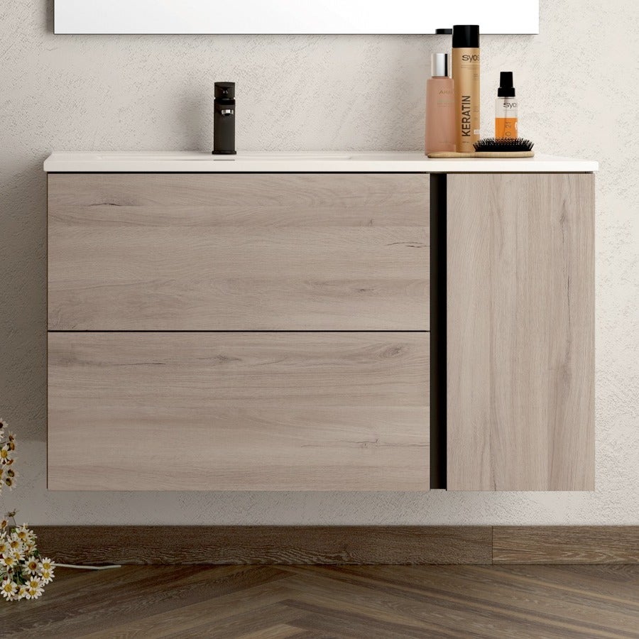 Meuble de salle de bain vasque déportée - 2 tiroirs - PRADO et miroir Led STAM - oak (chêne brut) - 100cm - 3