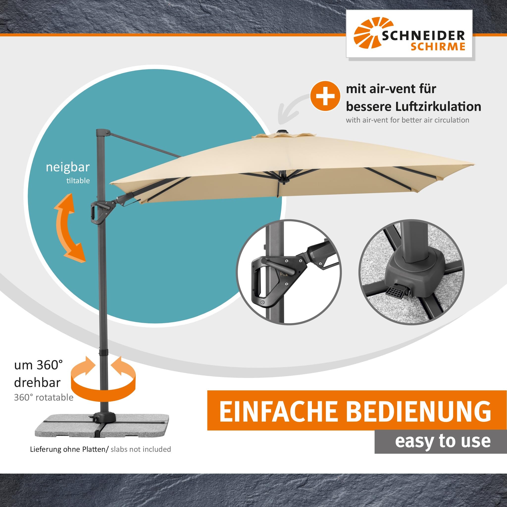 Parasol déporté Schneider Vivasol naturel, 270 x 270 cm – rotatif 360°, inclinable, avec housse et support pour dalles - 6