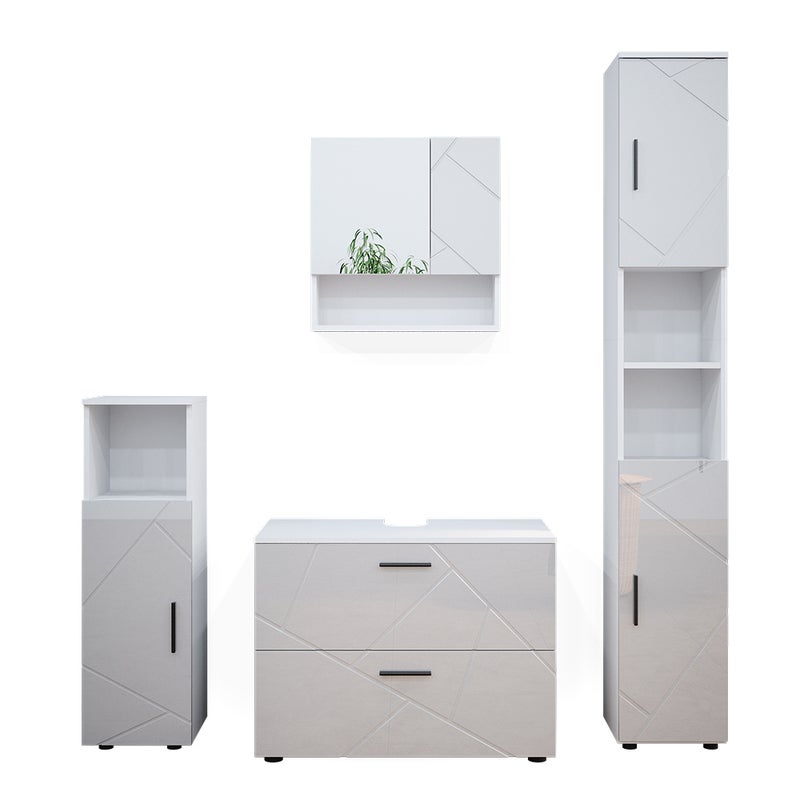 Vicco Zestaw mebli łazienkowych Irma, Biały wysoki połysk, 4 części, z szafką z szufladami i szafką wysoką