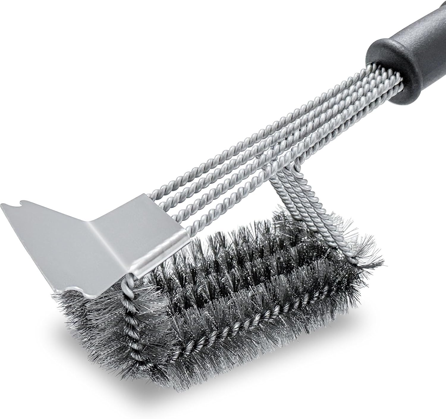 Szczotka do czyszczenia grilla z 4 rzędami spiralnych drucianych włosi i skrobakiem, odpowiednia do grilli gazowych, węglowych i elektrycznych