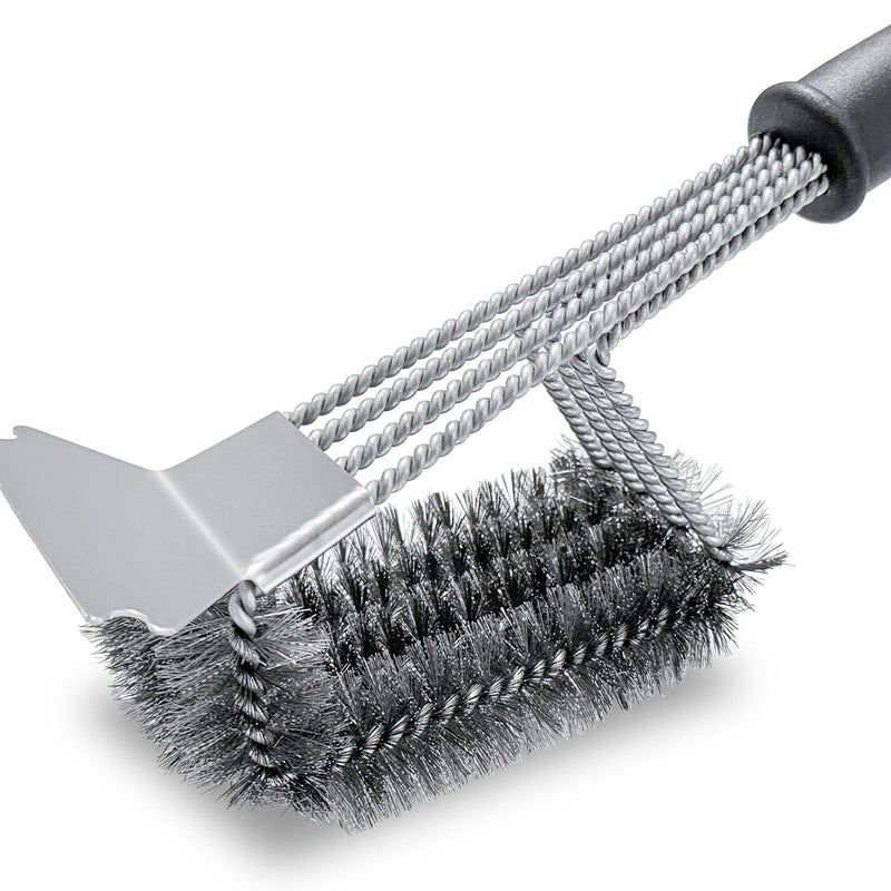 Szczotka do czyszczenia grilla z 4 rzędami spiralnych metalowych włosi i skrobakiem; akcesoria do grilli gazowych, węglowych i elektrycznych