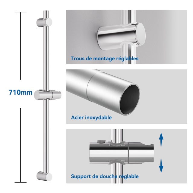 Barre de Douche 71cm en Acier Inoxydable,Barre de Douche avec Support Pommeau de Douche et Support de Douche Muraux Réglable Variables,Chromé
