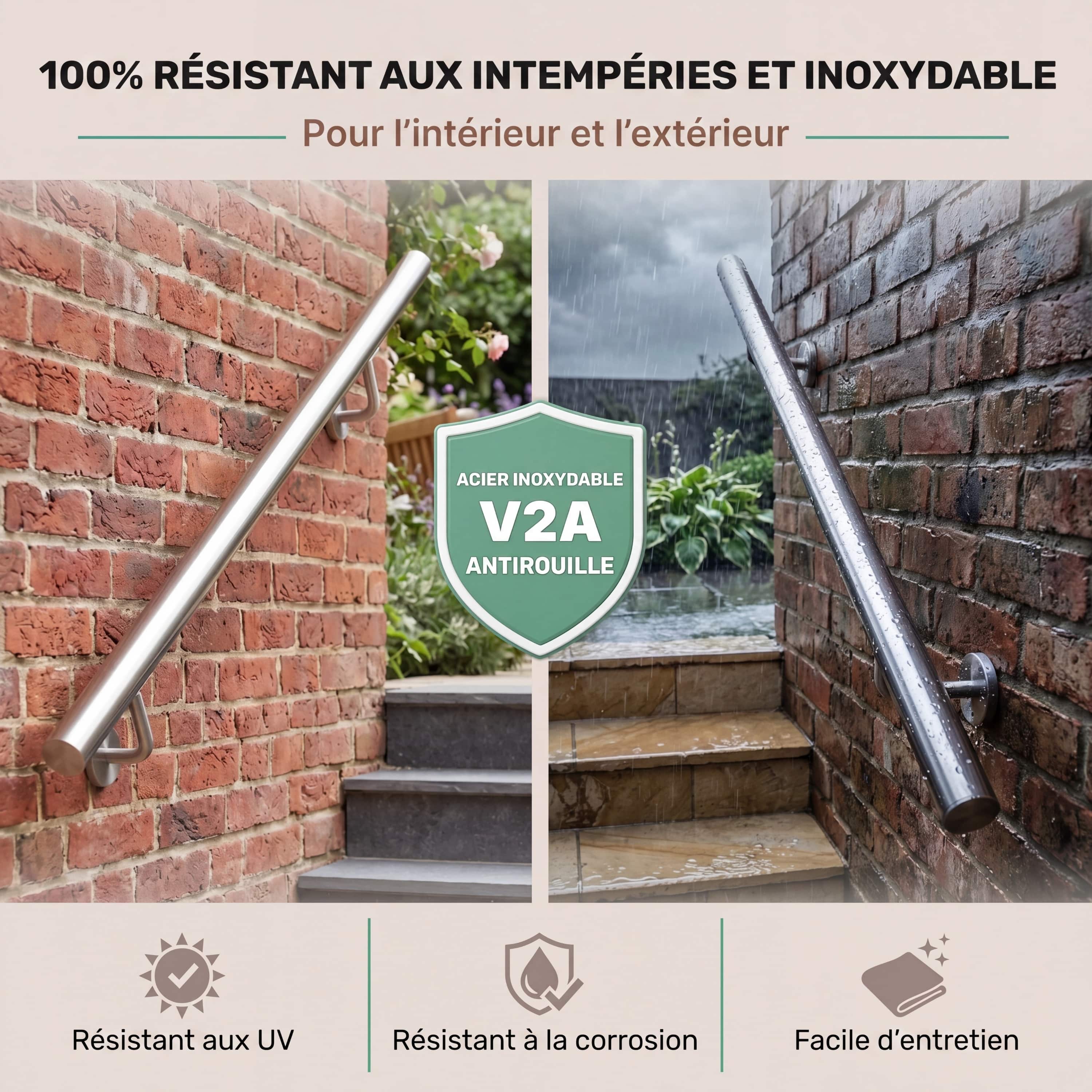 MONZANA® Main courante acier inoxydable V2A rampe d'escalier rambarde barre 300 cm support mural intérieur extérieur - 3
