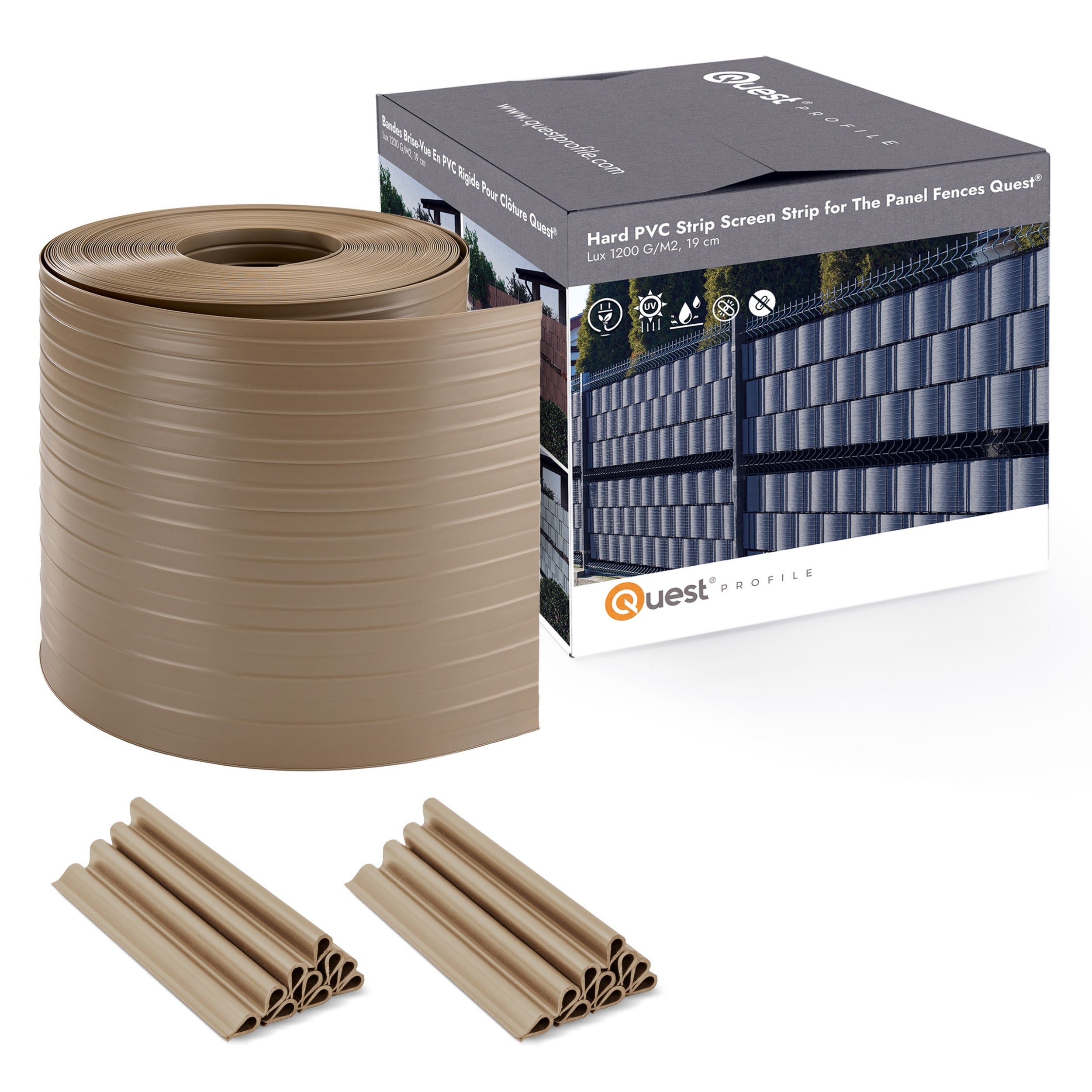 QUEST Taśma ogrodzeniowa PCV 19cm, listwa do ogrodzeń panelowych premium, 900 g/m2, RAL1019, beż, 26 m + 20 x klipsy