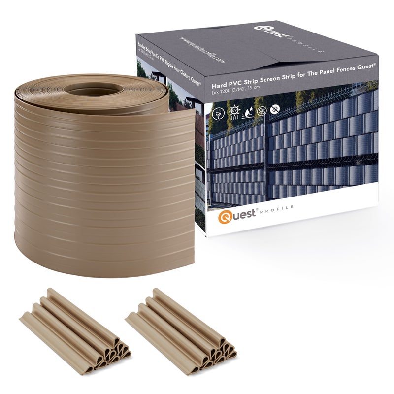 QUEST Taśma ogrodzeniowa PCV 19cm, listwa do ogrodzeń panelowych premium, 900 g/m2, RAL1019, beż, 26 m + 20 x klipsy