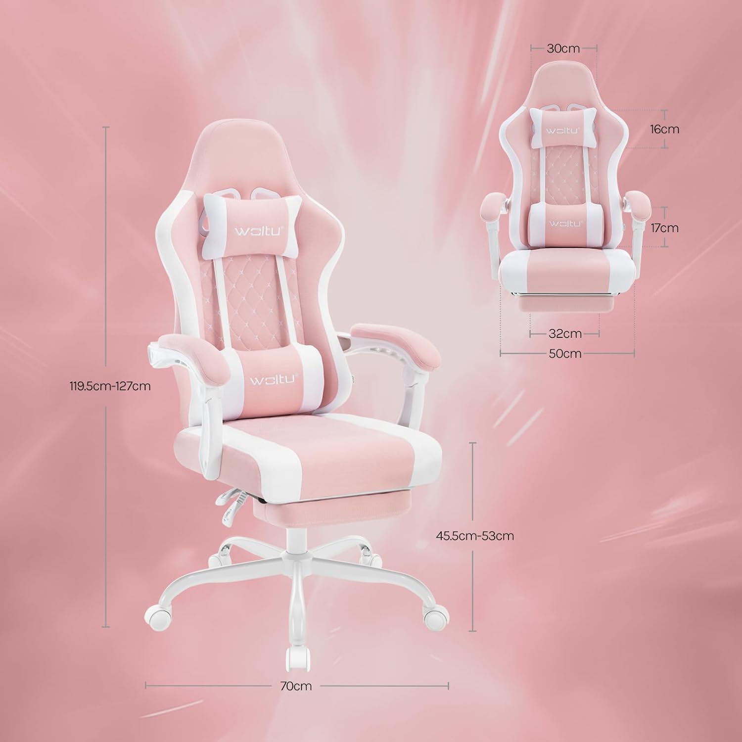 Chaise Gaming Massante WOLTU, Fauteuil Gamer, avec Coussin à Ressorts, Soutien Lombaire Massant, Appui-tête, Repose-Pieds,Tissu Maille, Rose+Blanc - 4