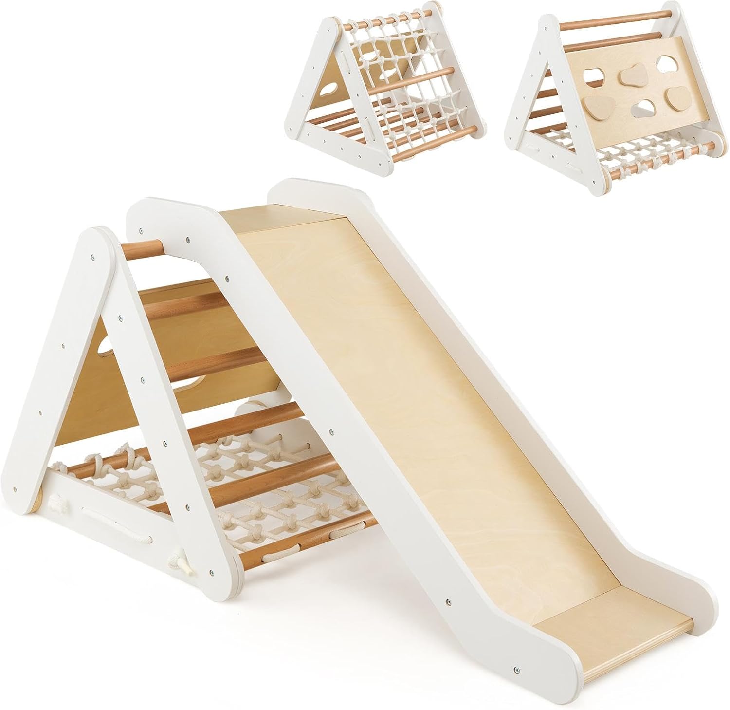 Trójkąt Wspinaczkowy Montessori dla Dzieci z Siatką do Wspinania Się, Deską i Drabinką, Kamieniami ze Zjeżdżalnią, Obciążenie 50 kg (Naturalny, Biały)