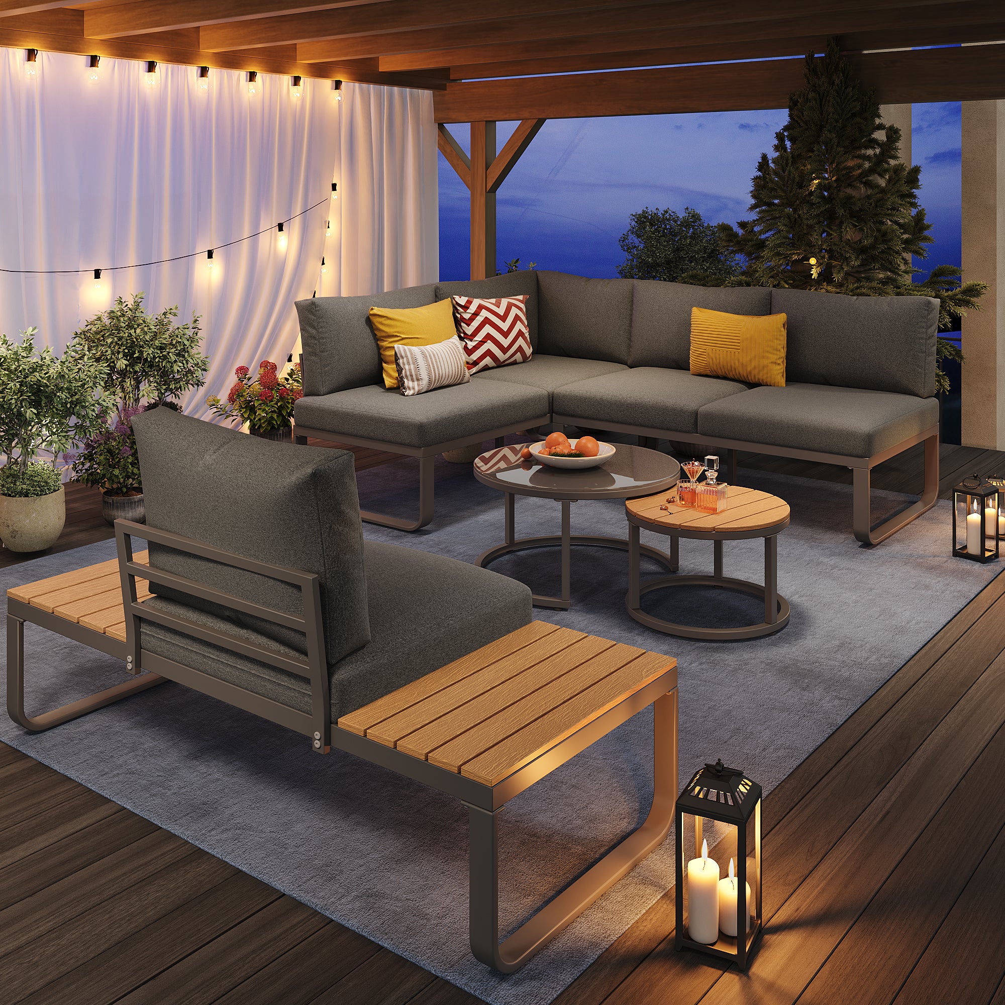 Salon de jardin modulable en fer galvanisé : 2 canapé 2 places + 1 canapé 1 place + 1 tabouret + tables basses gigognes - Gris - 11