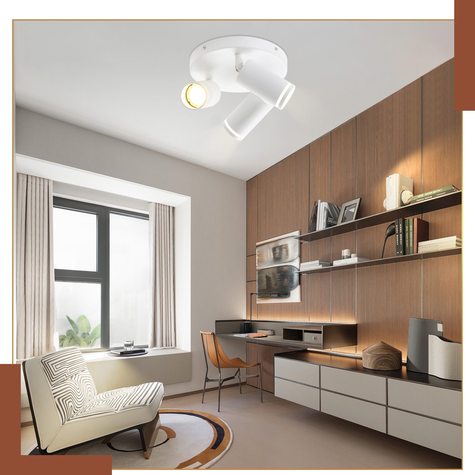 NETTLIFE Plafonnier LED 3 flamme - Blanc Plafonnier GU10 Spot pivotant Applique murale en bois Spot mural pour salon chambre Sans ampoule - 9