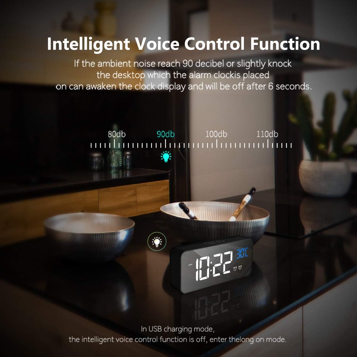 Réveil numérique, réveil LED avec fonction snooze, chargement par ports USB (noir) - 3