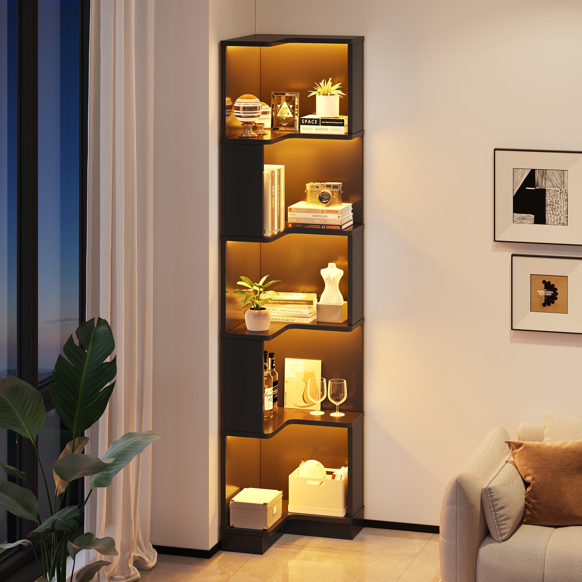 Libreria angolare con 5 ripiani - 63,5 x 45 x 175 cm - MDF - LED cambia colore - Nero - 2