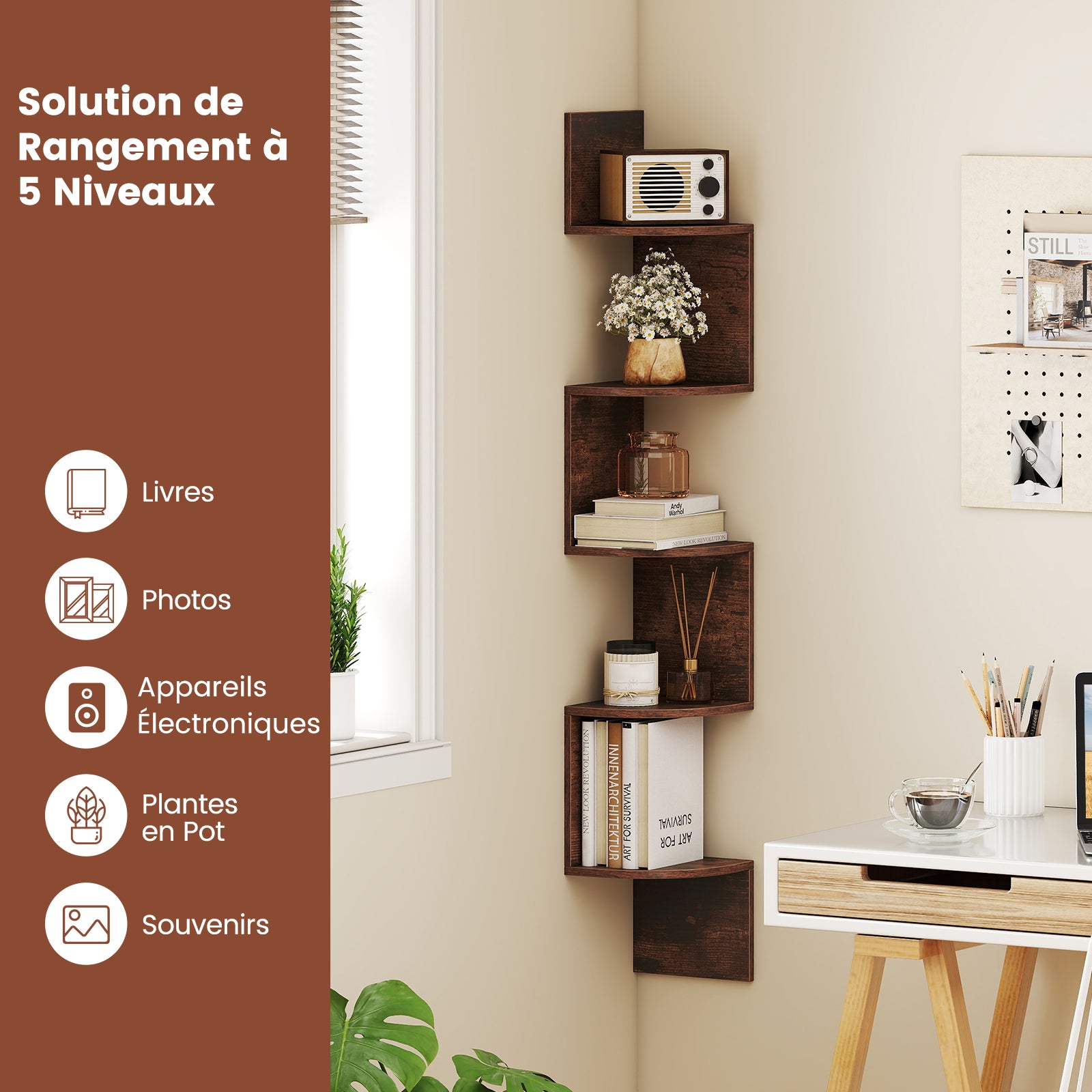 Półka narożna z 5 poziomami, półka ścienna, nowoczesny design i oszczędność miejsca w salonie, sypialni i kuchni, 20 x 20 x 126 cm, brązowa - 2