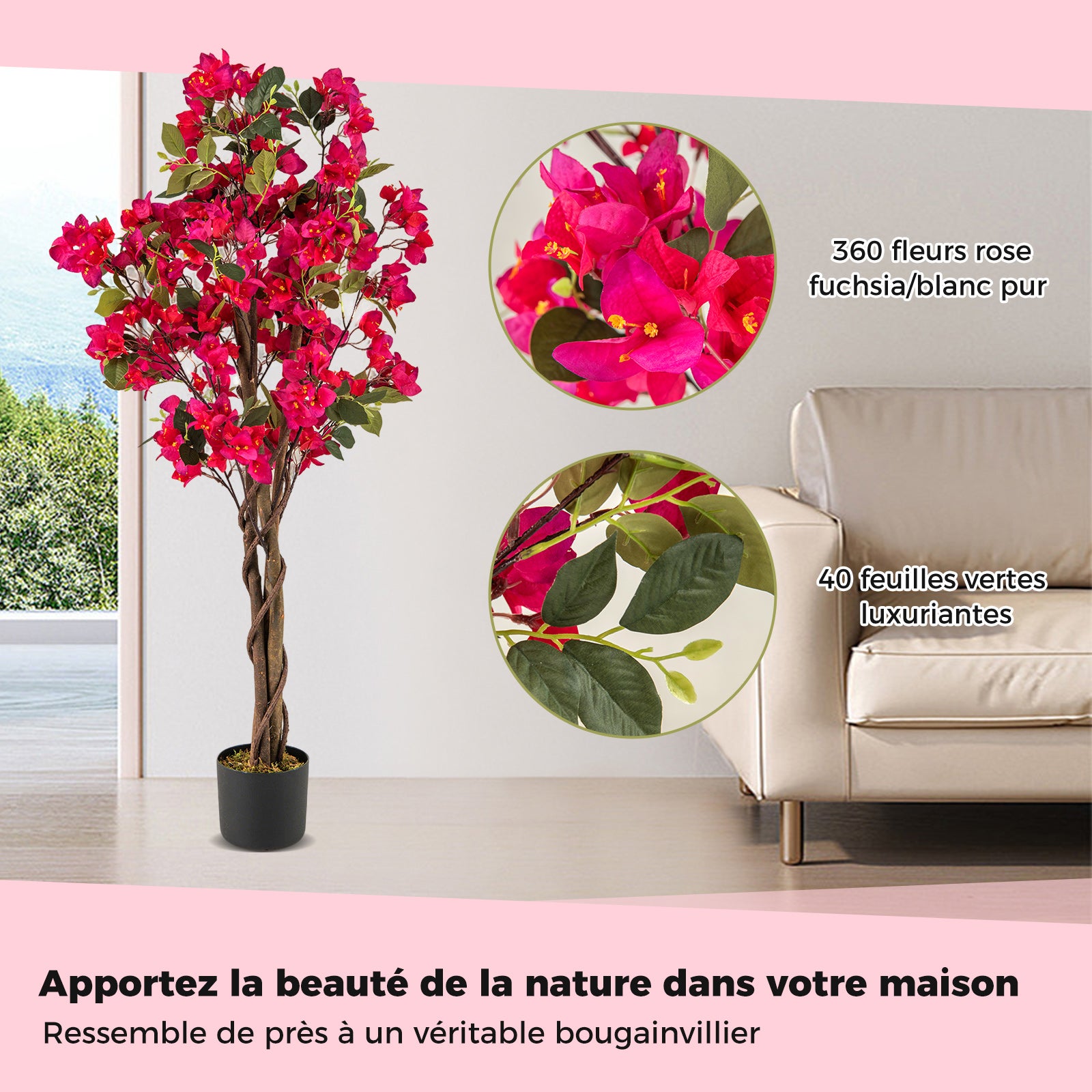 Arbre Artificiel Bougainvillier de 120 cm, Plante Fleurie Faussée en Pot de Pépinière avec Fleurs en Pleine Floraison, (1 Pcs, Rose) - 3