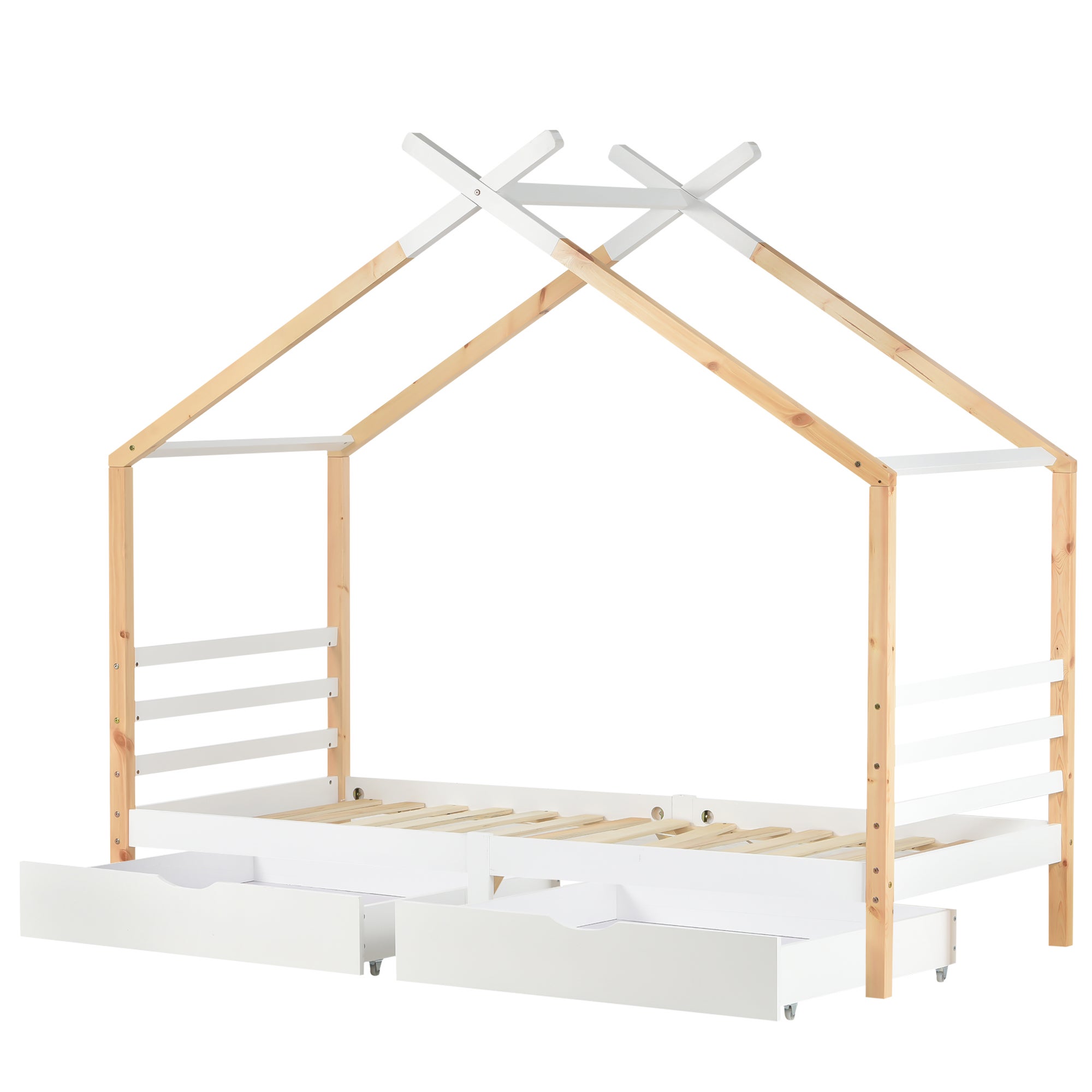 Łóżko kabinowe z litego drewna 90x200 cm z 2 szufladami - Naturalne i białe - 5