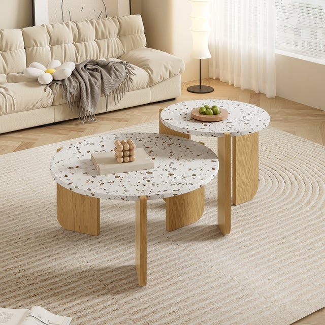 Tables Basses Gigogne Ronde lot de 2, Design Scandinave - Plateau Terrazzo & Pieds en Bois,Table d'appoint pour Petits Espaces,MDF+Naturelle