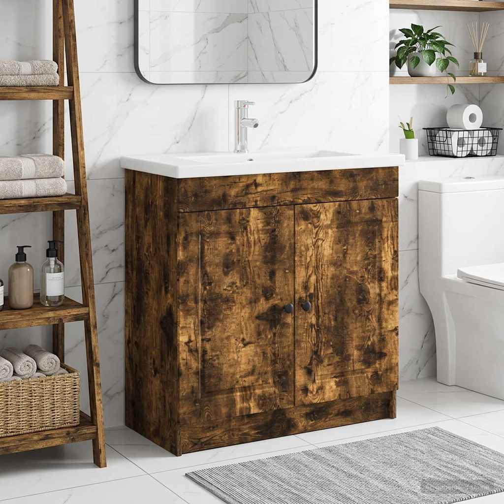 Armario bajo fregadero roble ahumado para baño, 56 × 37,5 × 81 cm