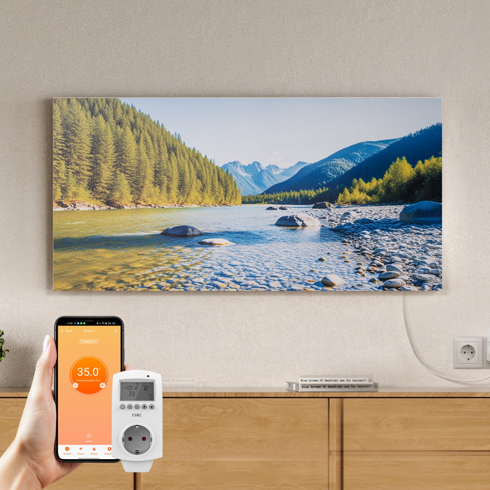 EMKE Panou radiant infrarosu 1200 W cu termostat Wi-Fi programabil, pentru perete, 119,5 x 59,5 cm, fără ramă