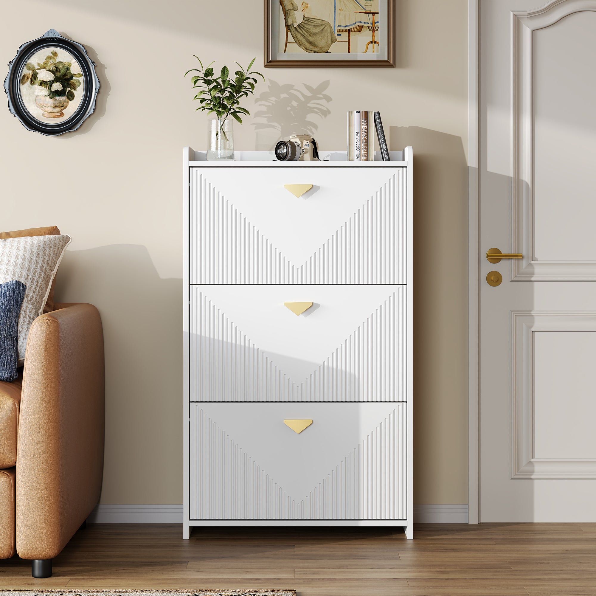 Meuble à chaussures avec 3 portes rabattables - 70 x 30 x 120 cm - MDF - Blanc - 5