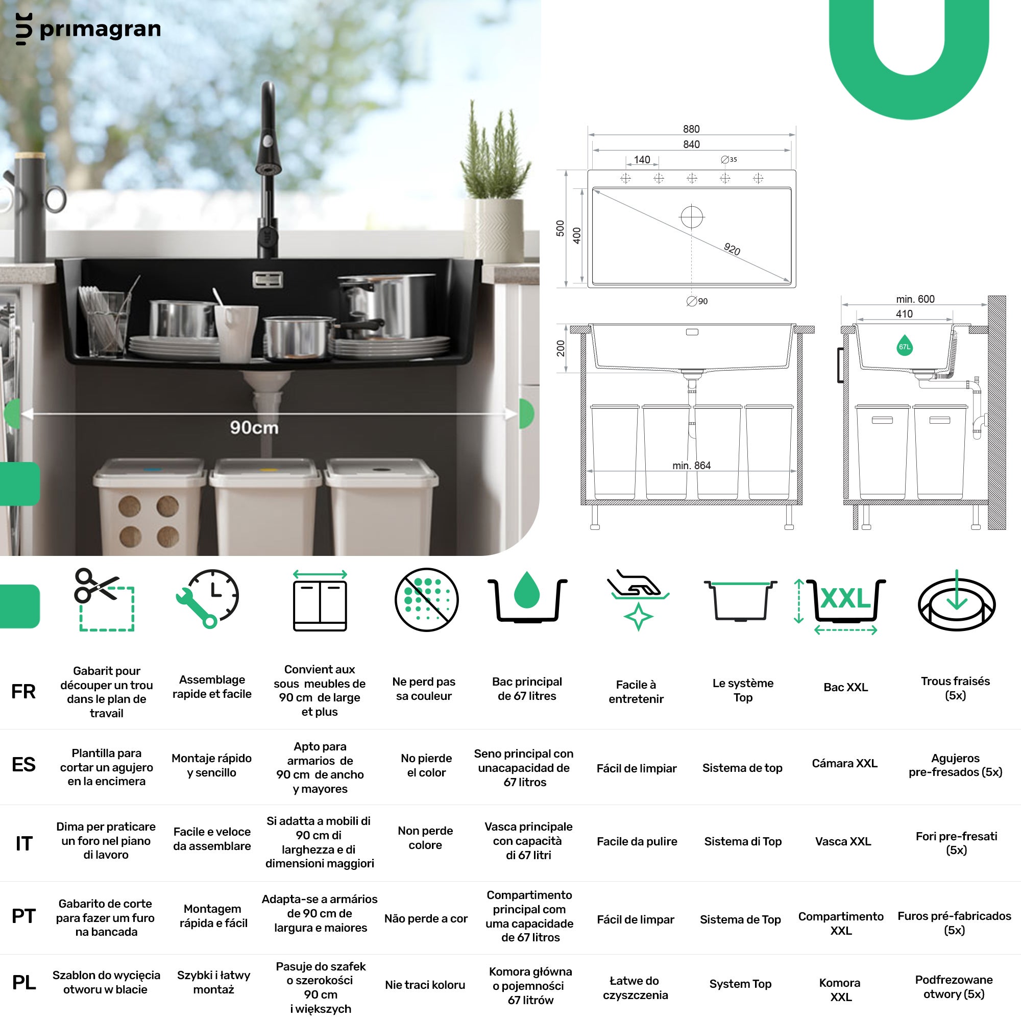 Lavandino da Cucina Nero 88x50cm, Lavello in Granito a 1 vasca + Sifone Classico + Accessori, Lavabo da Cucina Incasso al mobile 90cm PRIMAGRAN - 6