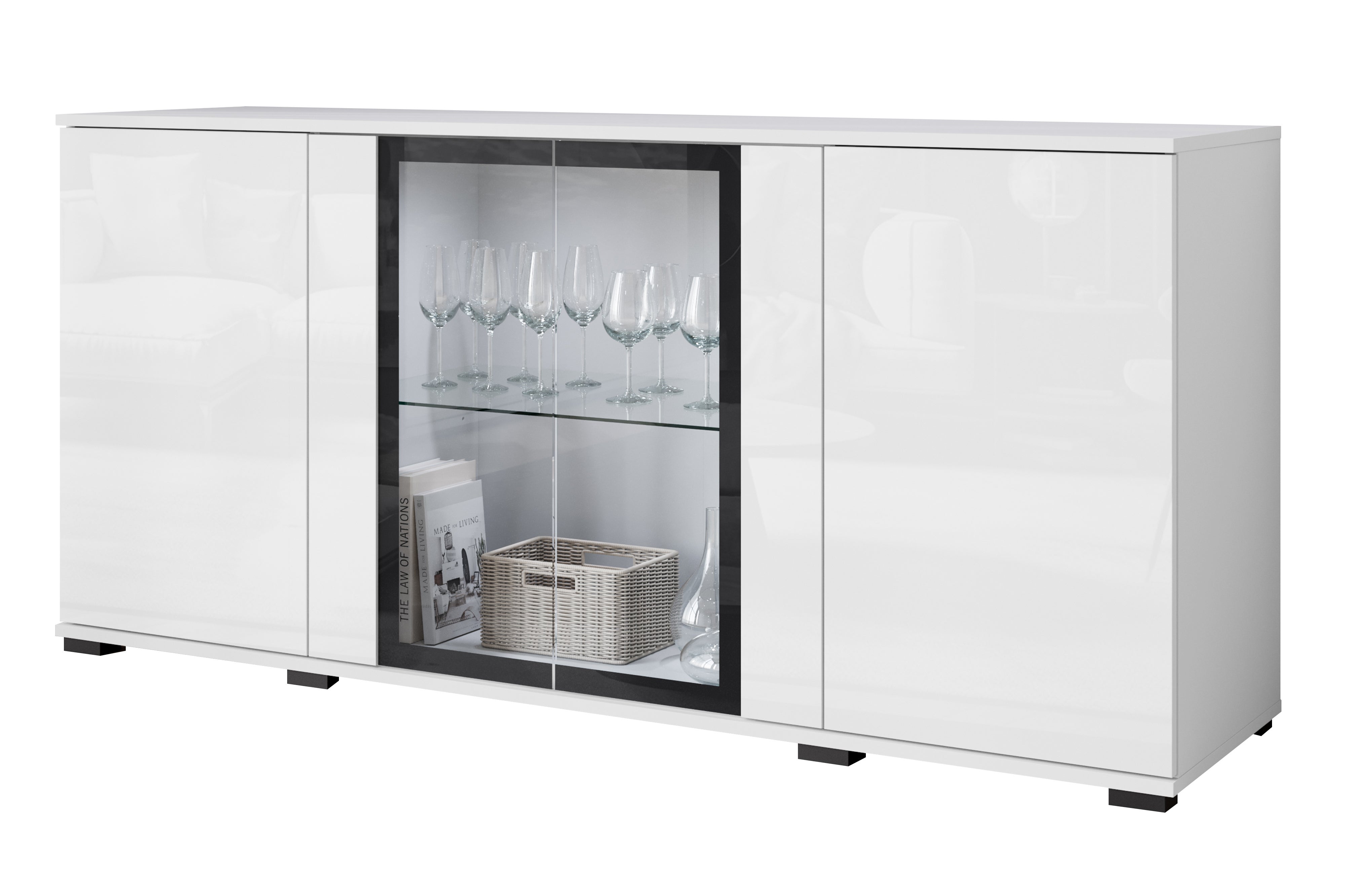 Witryna FARO 150 cm biały/biały połysk z oświetleniem LED