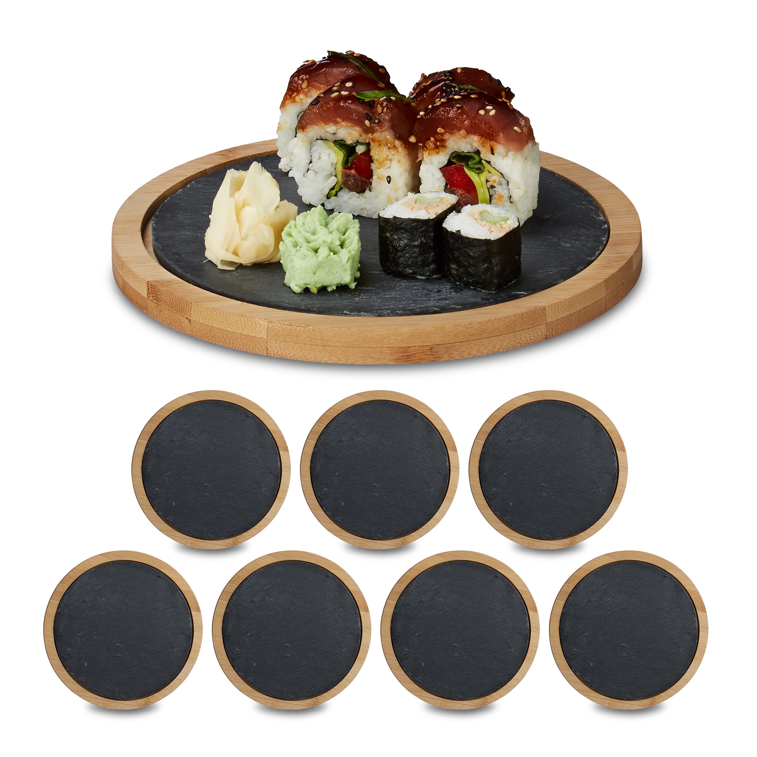 8x Plateaux ronds de service, planche à découper, bambou et ardoise ...