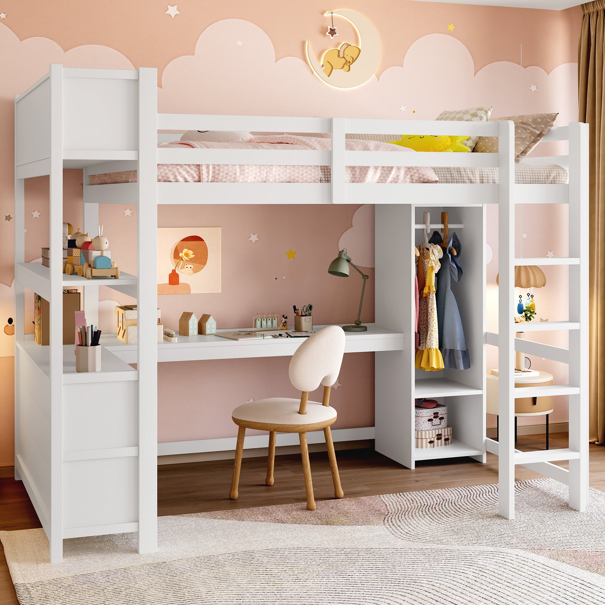 Lit Mezzanine 140x200 cm Combiné avec Bureau, Armoire et Étagères de Rangement, Structure Robuste pour Ados et Adultes, Design Gain de Place - Blanc - 4