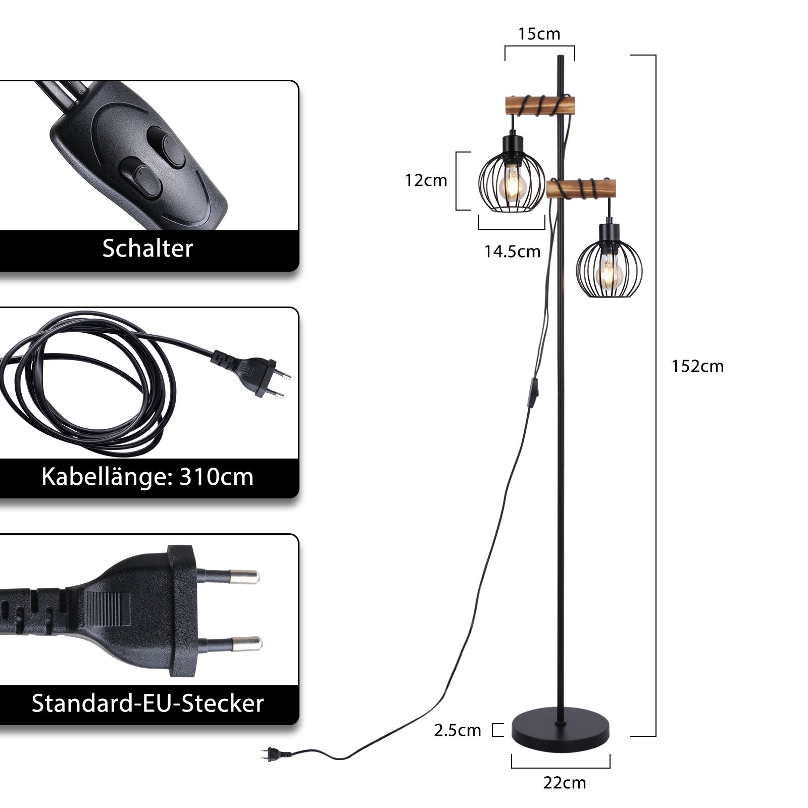 ZMH Lampadaire Noir vintage Douille E27 2 flammes design industriel métal 151cm - sans ampoule - 2