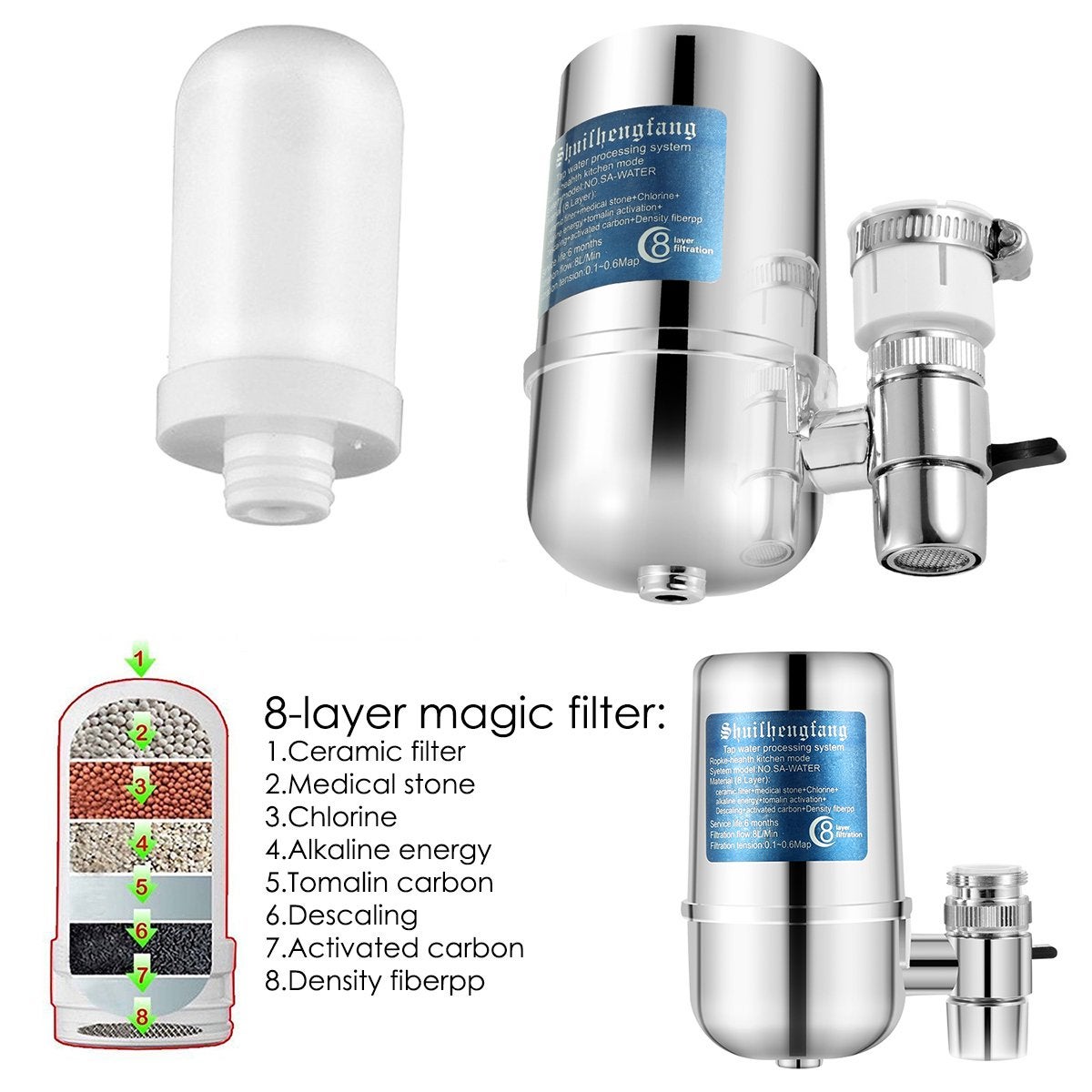 Filtre à eau pour robinet d'évier de cuisine, purificateur d'eau avec 3 convertisseurs, 8 niveaux de nettoyage, pour robinets standard - 3