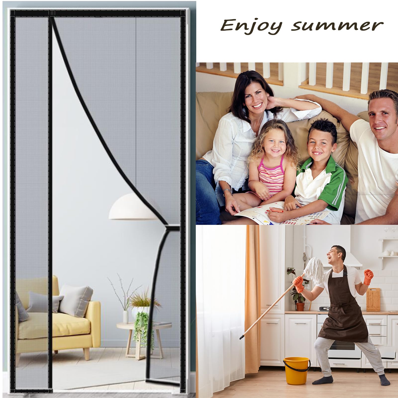 Puerta Mosquitera Magnética de Apertura Lateral - Cierre Magnético, Antiinsectos, Manos Libres, Cortinas para Puerta, Negro, 95x210cm - 8