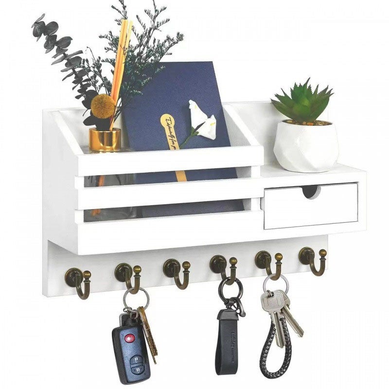 Portachiavi Da Parete In Legno Bianco Con Cassetto E Mensola - Organizer Da Ingresso Con 6 Ganci - Salvaspazio Per Chiavi E Posta