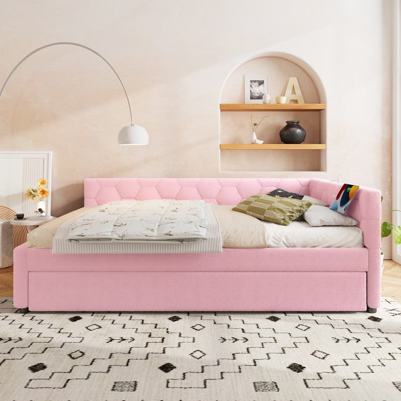 Sofa rozkładana 140x200 cm - z łóżkiem wysuwanym - z portem USB + Type-C - różowa (bez materaca)