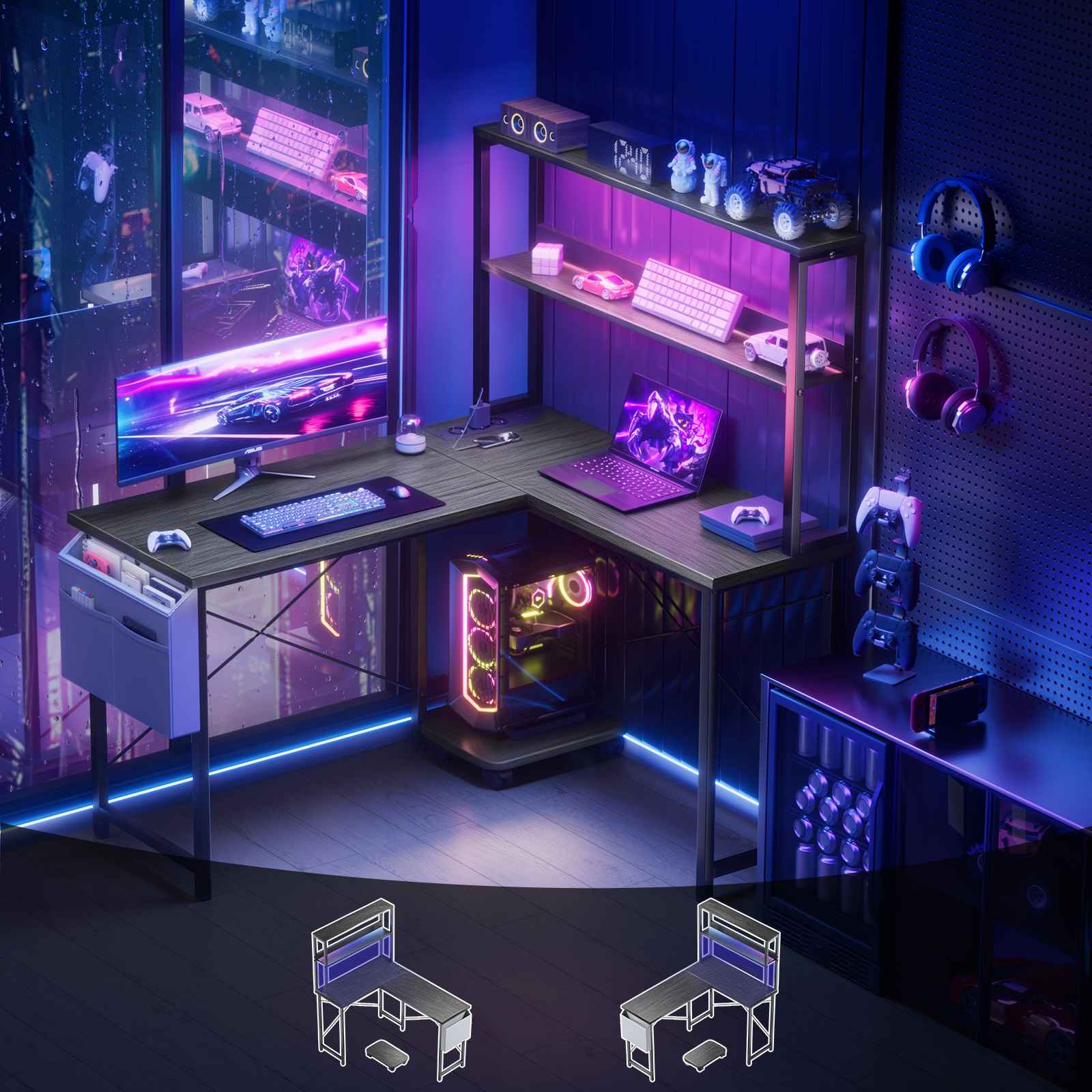 Bureau Gaming L-Forme 148cm avec LED, 3 Prises AC + 2 Ports USB, Étagères à Double Niveau, Réversible - 3