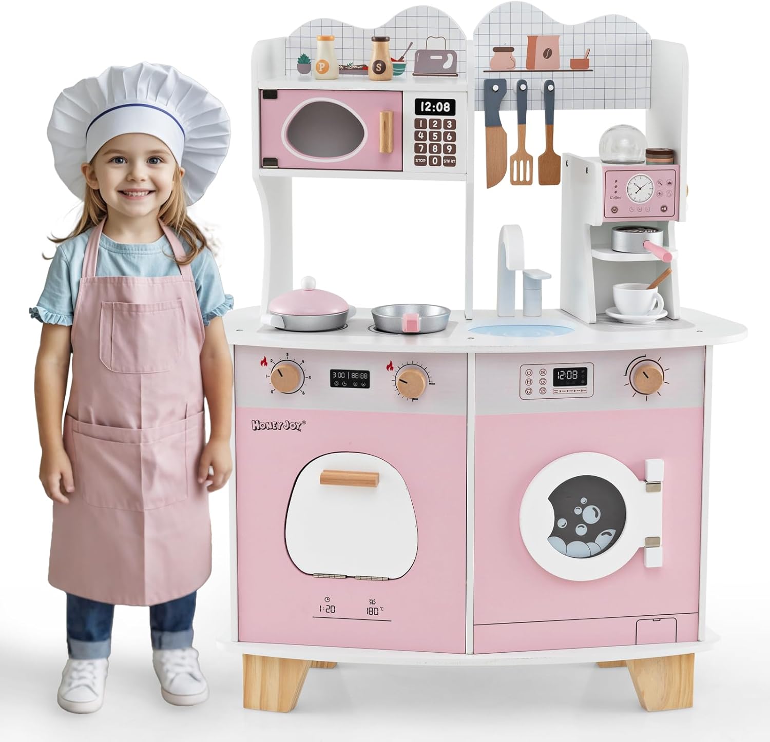 Cucina in legno per bambini con suoni, giocattolo da cucina rosa