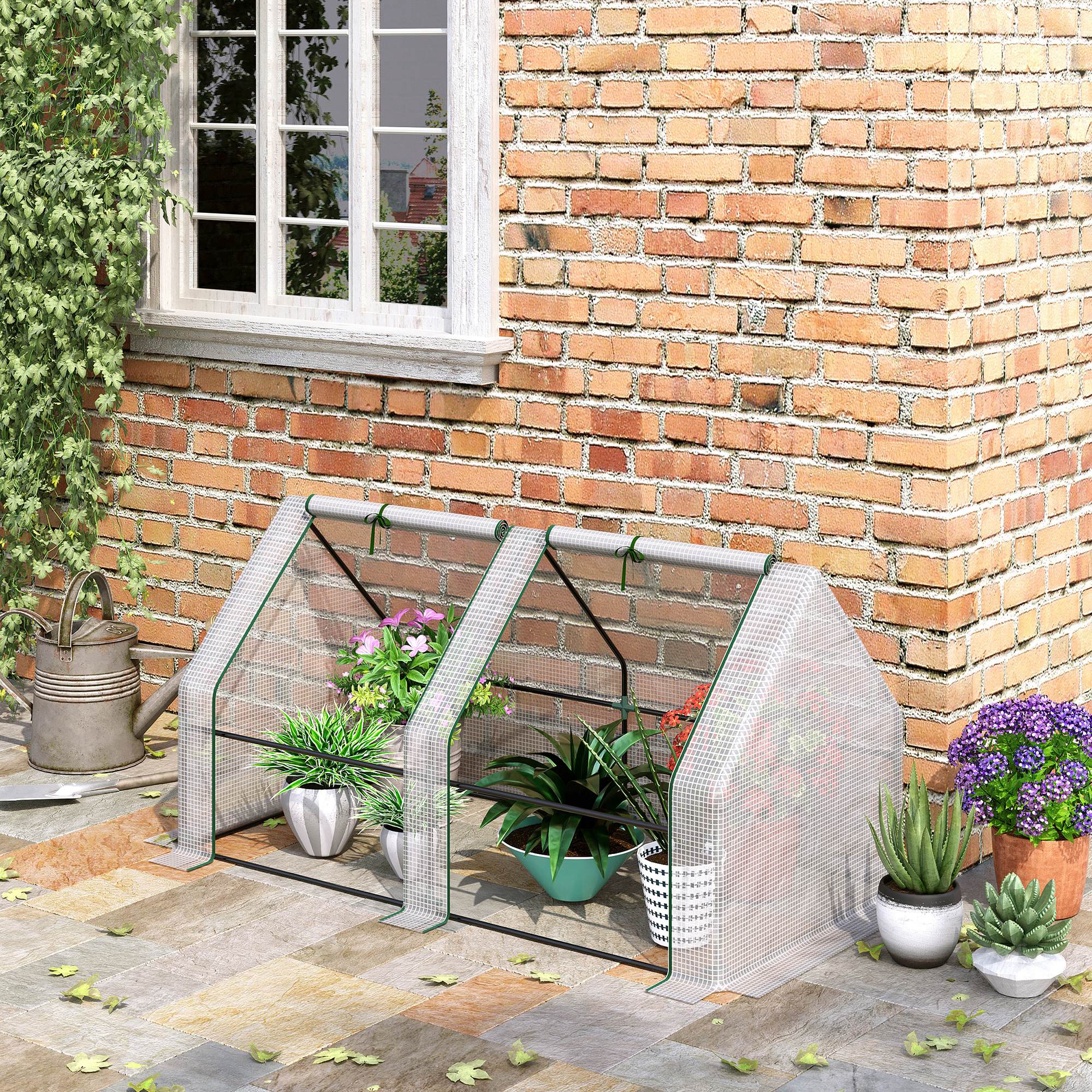 Mini Serre de Jardin mini serre tunnel 180L x 90l x 90H cm toit pointu Acier PE Haute densité 140 g/m² Anti-UV 2 fenêtres avec Zip enroulables Blanc - 4