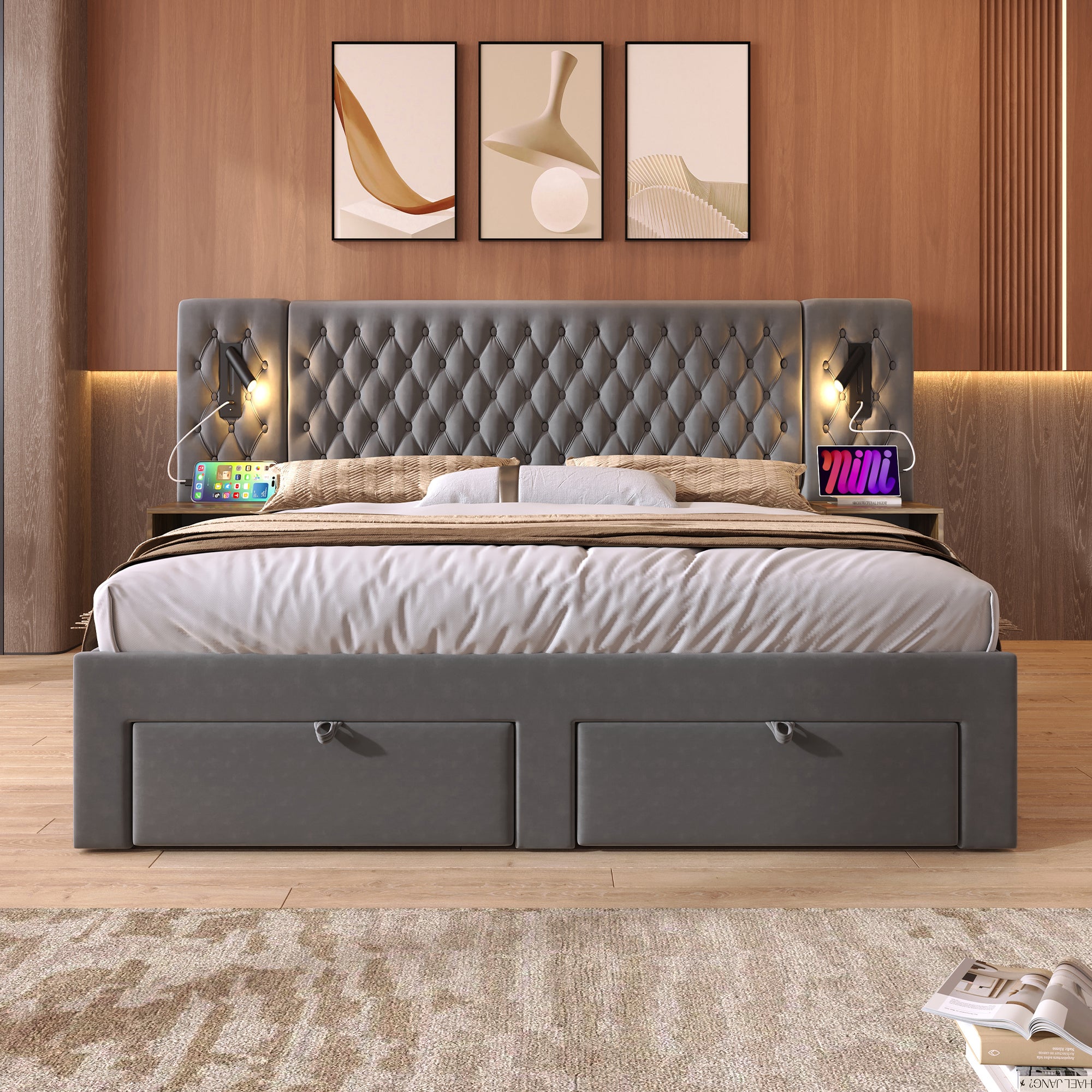 Gestoffeerd tweepersoonsbed 160 x 200 cm, met nachtkastjes en lades, leeslampje, grijs