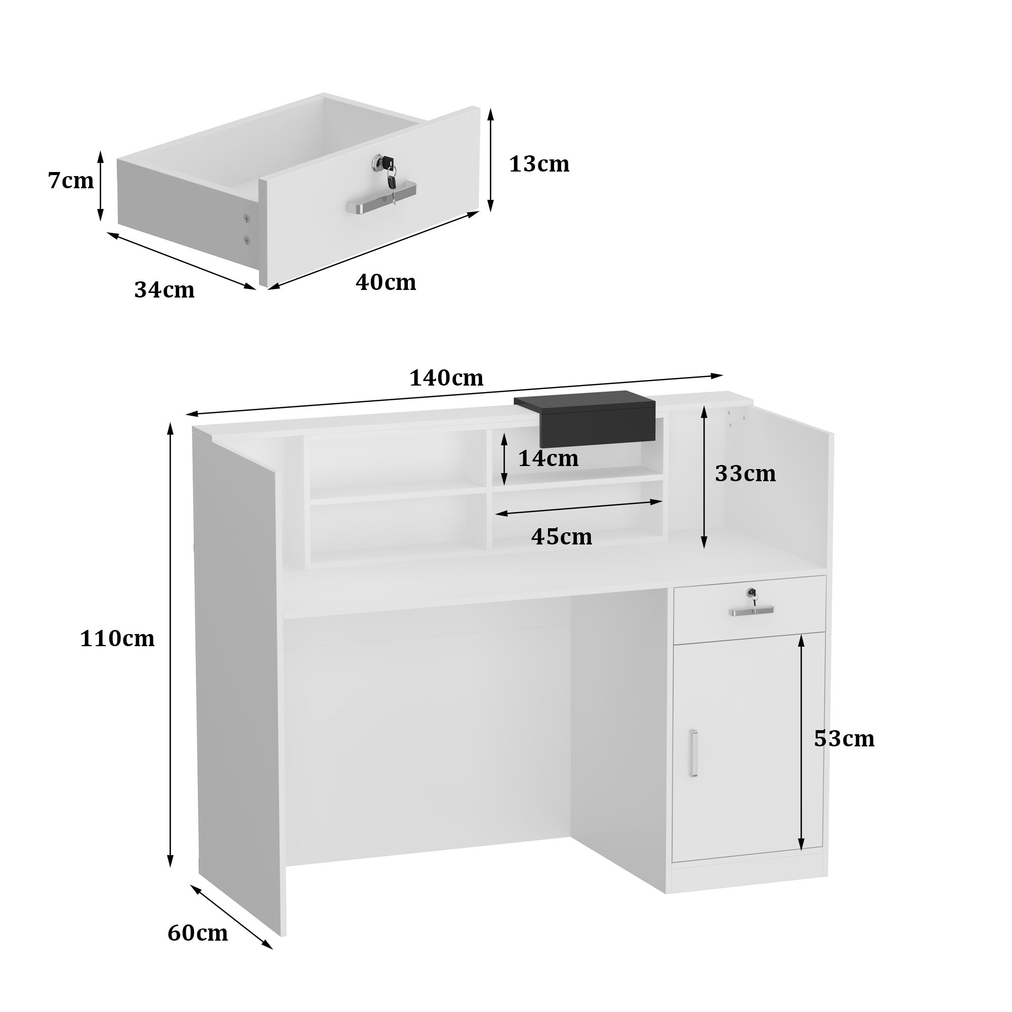 Bureau d’Accueil avec Case amovible, Comptoir de réception avec Porte et Tiroir verrouillable, Bureau, 140x60x110cm, Blanc - 2