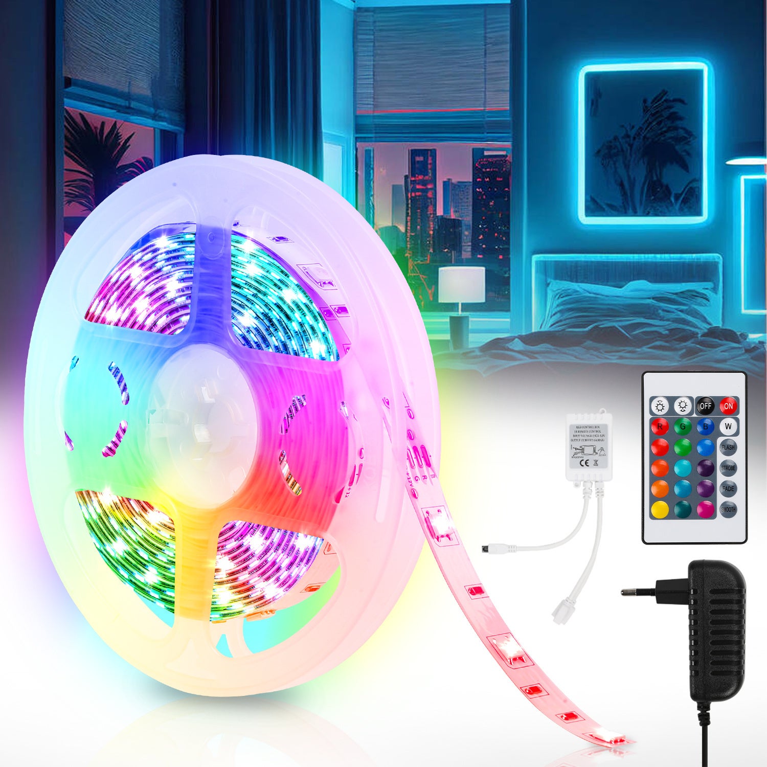 Taśma LED 2M 5050 SMD RGB, 60 diod LED z 24-klawiszowym pilotem + zasilacz 12 V do ścianki tylnej imprezowej