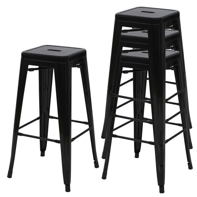 Zestaw 4 stołków barowych HWC-A73, stołki barowe, metalowe, industrialne, sztaplowane ~ czarny