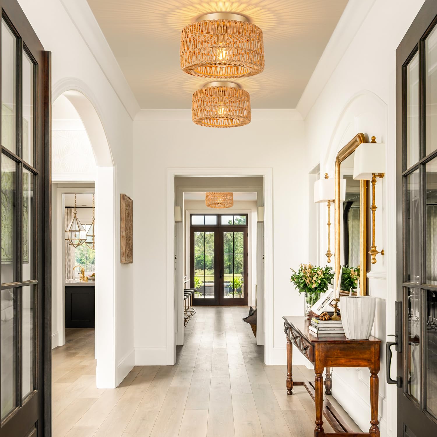 Lampa sufitowa rattanowa, żyrandol w stylu boho, lampa wisząca z żarówką, żyrandol sufitowy w stylu wabi-sabi, 3 temperatury barwowe (3000K–6000K) - 3