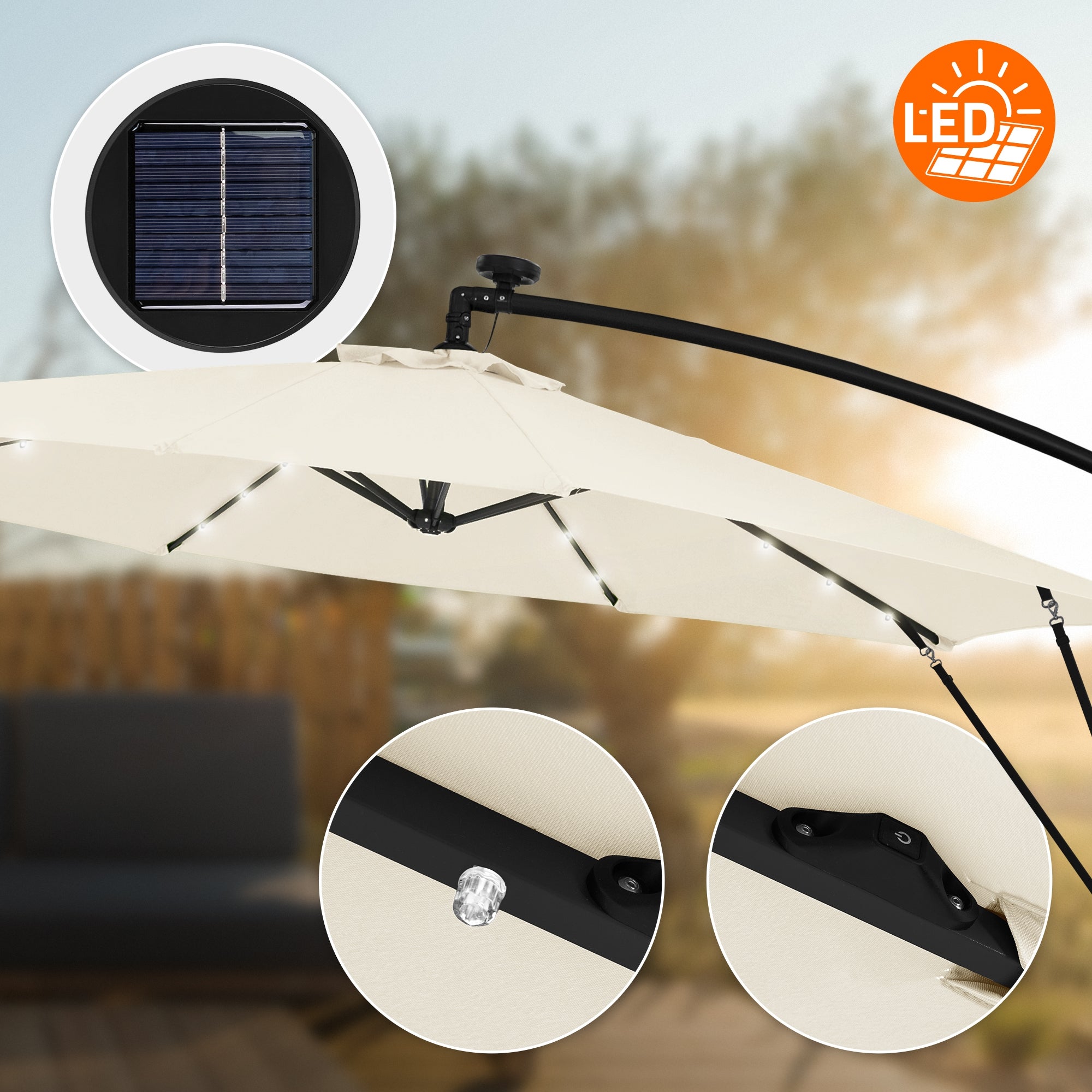 Parasol déporté avec LED intégré Ø 300 cm beige en aluminium à manivelle protection UV50+ imperméable meuble jardin inclinable et pivotant 360° - 5